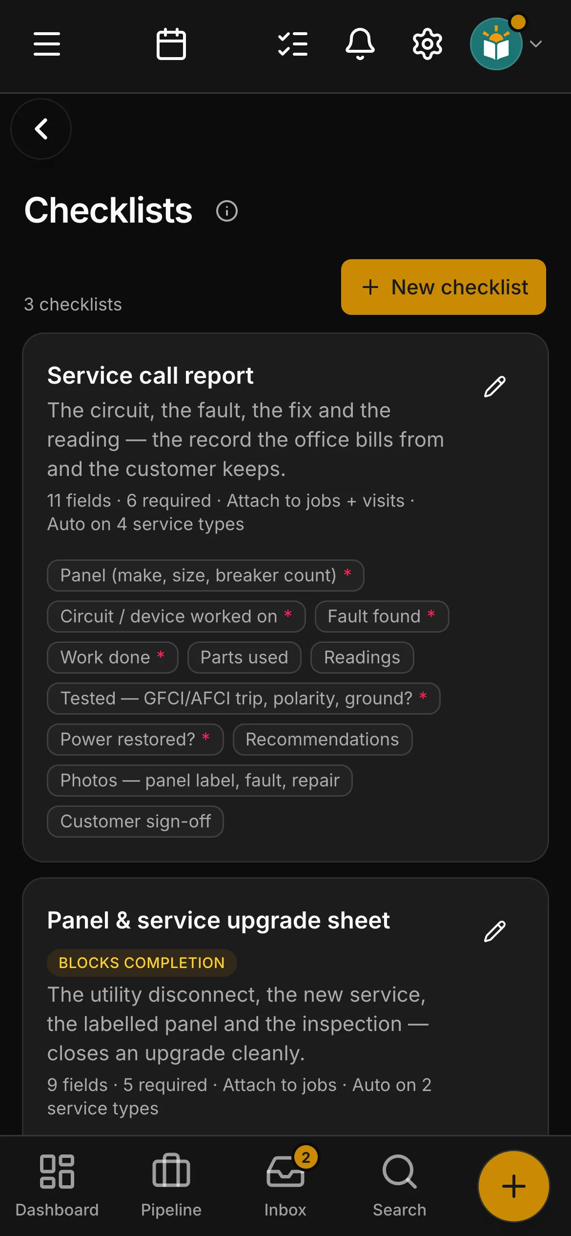 The checklists in Daybook: “Service call report” and “Panel & service upgrade sheet”, the second marked as blocking a job’s completion.