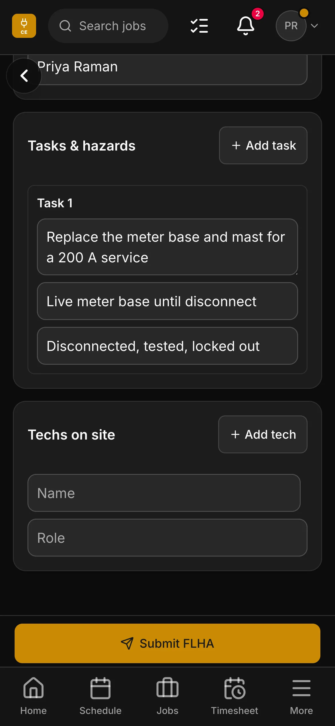 An FLHA in the crew app, “Replace the meter base and mast for a 200 A service”: the task with its hazard and its control.
