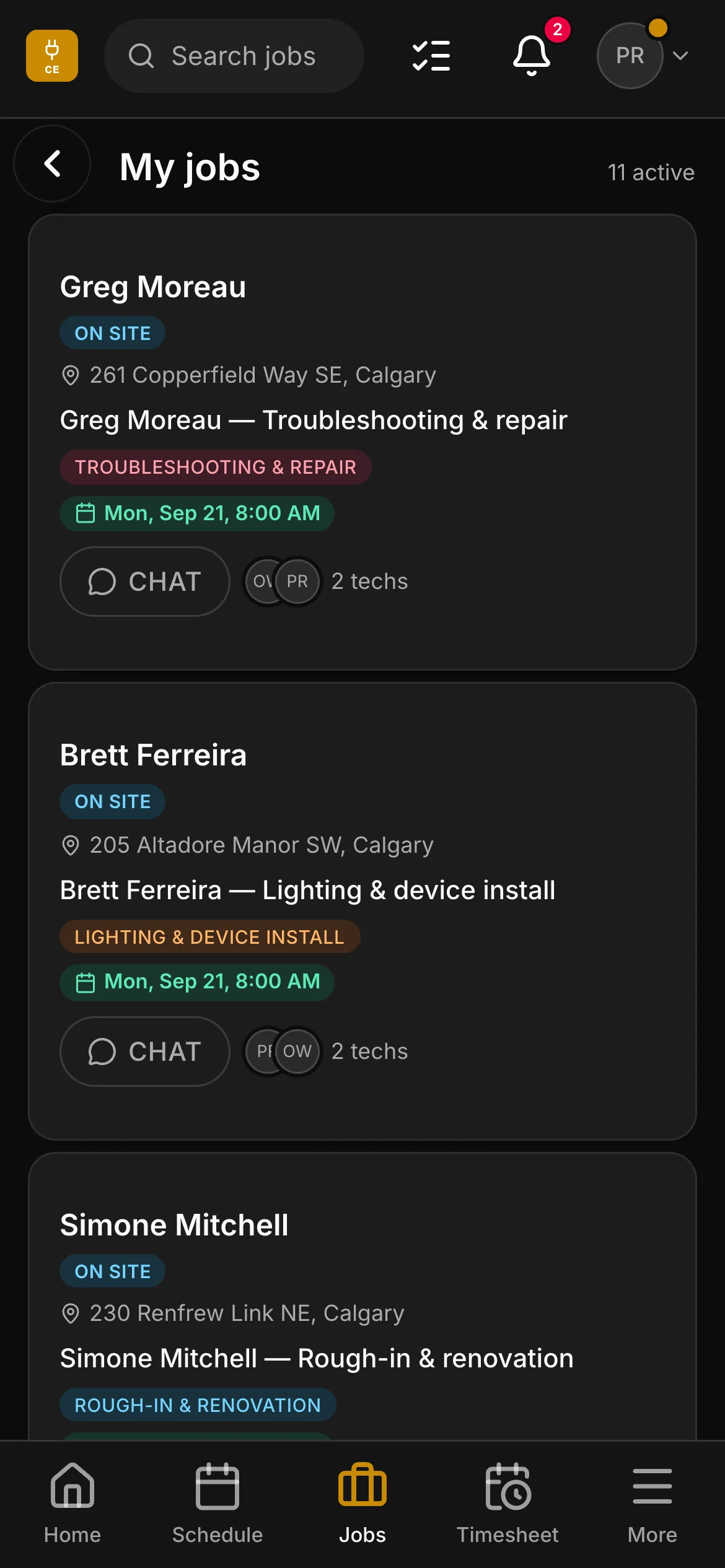 A crew member’s list in the crew app, 11 active: “Greg Moreau — Troubleshooting & repair” and “Brett Ferreira — Lighting & device install” among them, each with its address and its time.