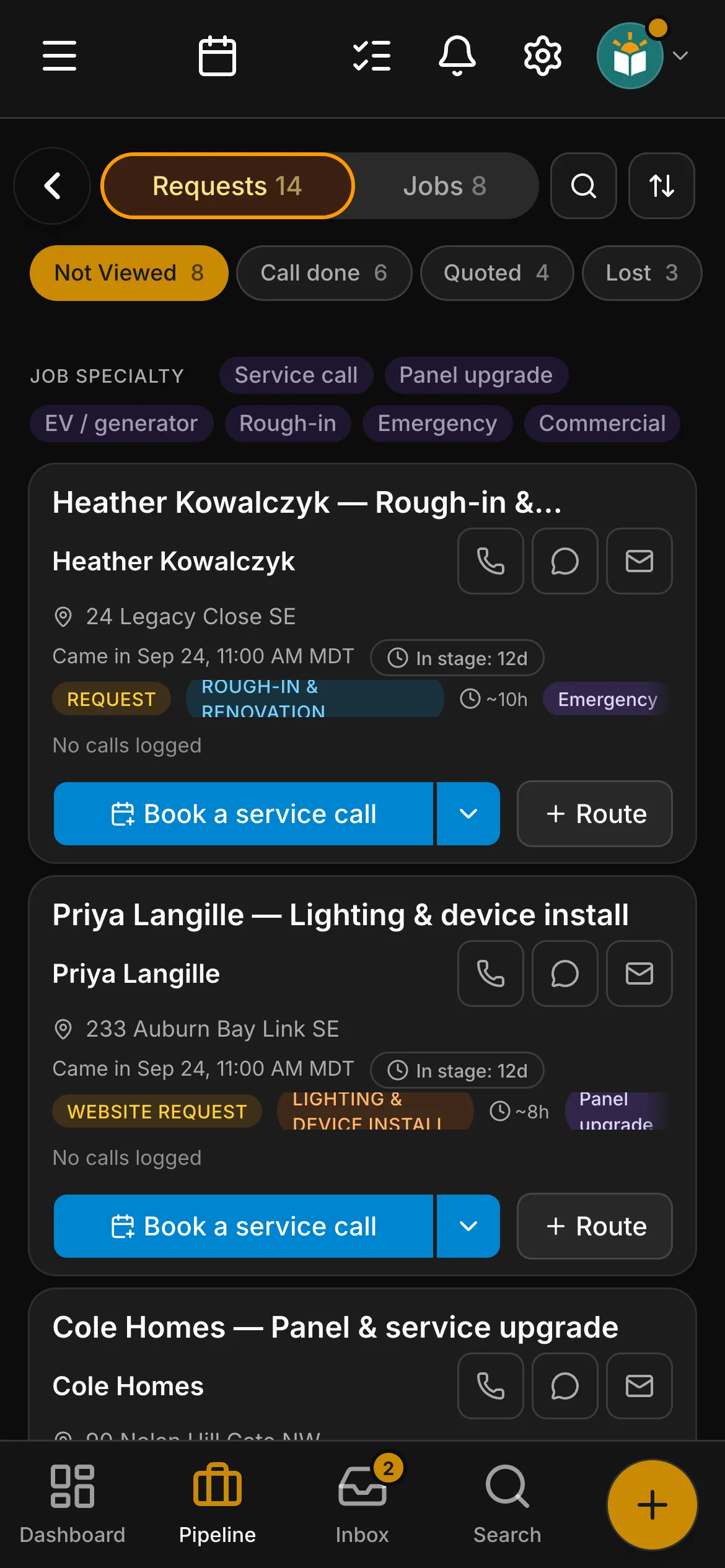 The requests board in Daybook: “Heather Kowalczyk — Rough-in & renovation” and “Priya Langille — Lighting & device install”.