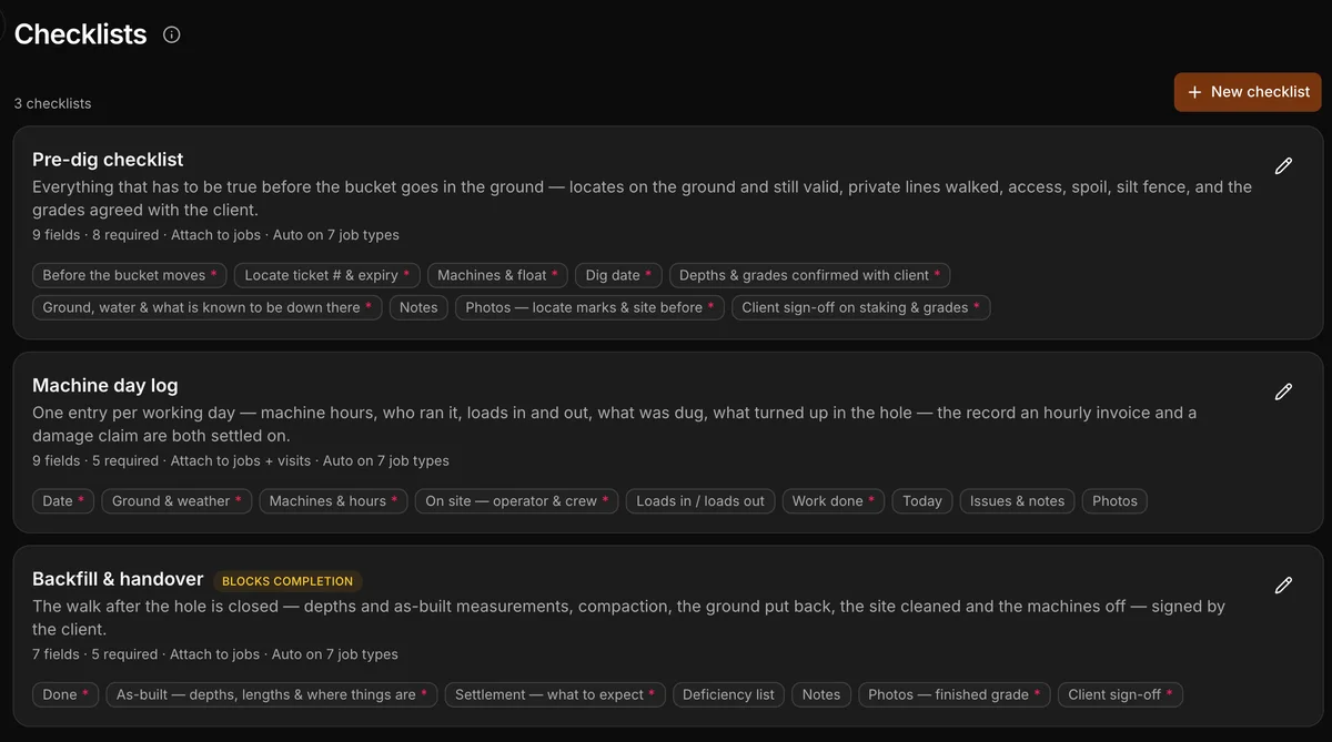 The checklists in Daybook: “Pre-dig checklist” and “Machine day log”.
