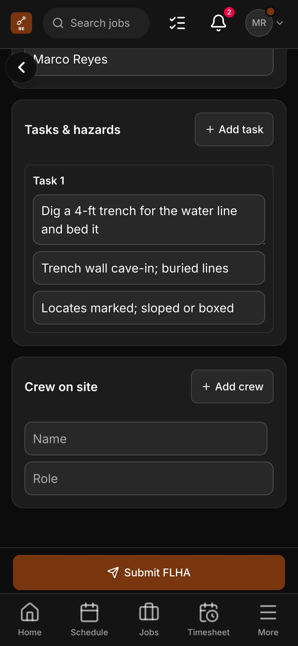 An FLHA in the crew app, “Dig a 4-ft trench for the water line and bed it”: the task with its hazard and its control, and the crew on site under it.