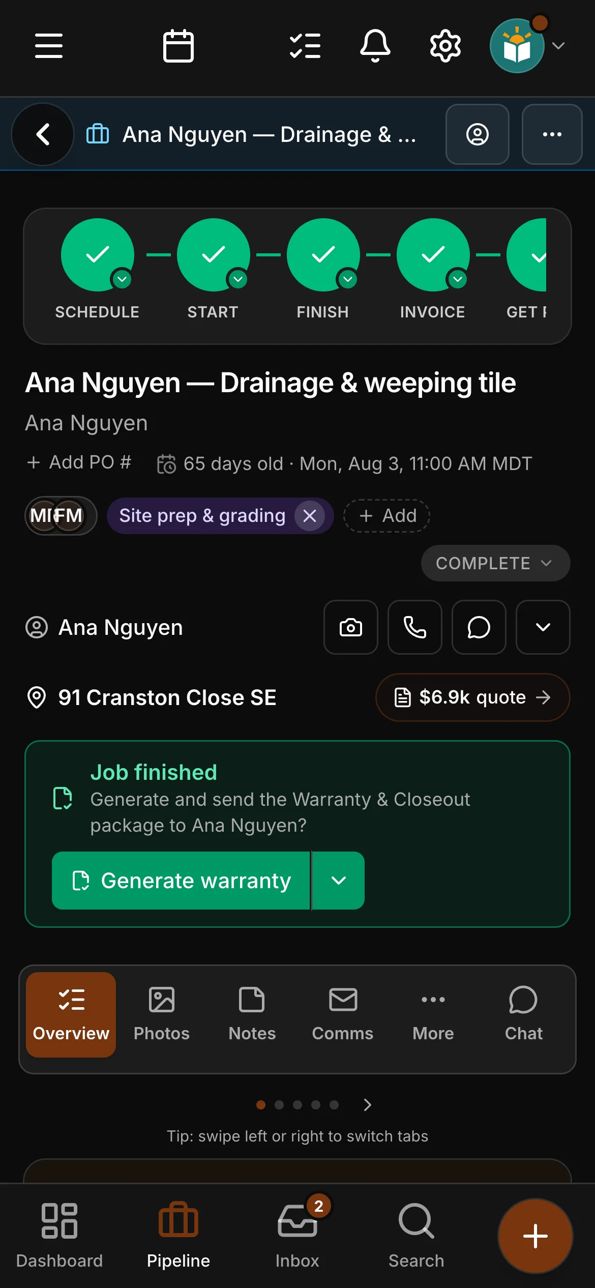 A finished job in Daybook: Job finished, Generate warranty and Closeout.