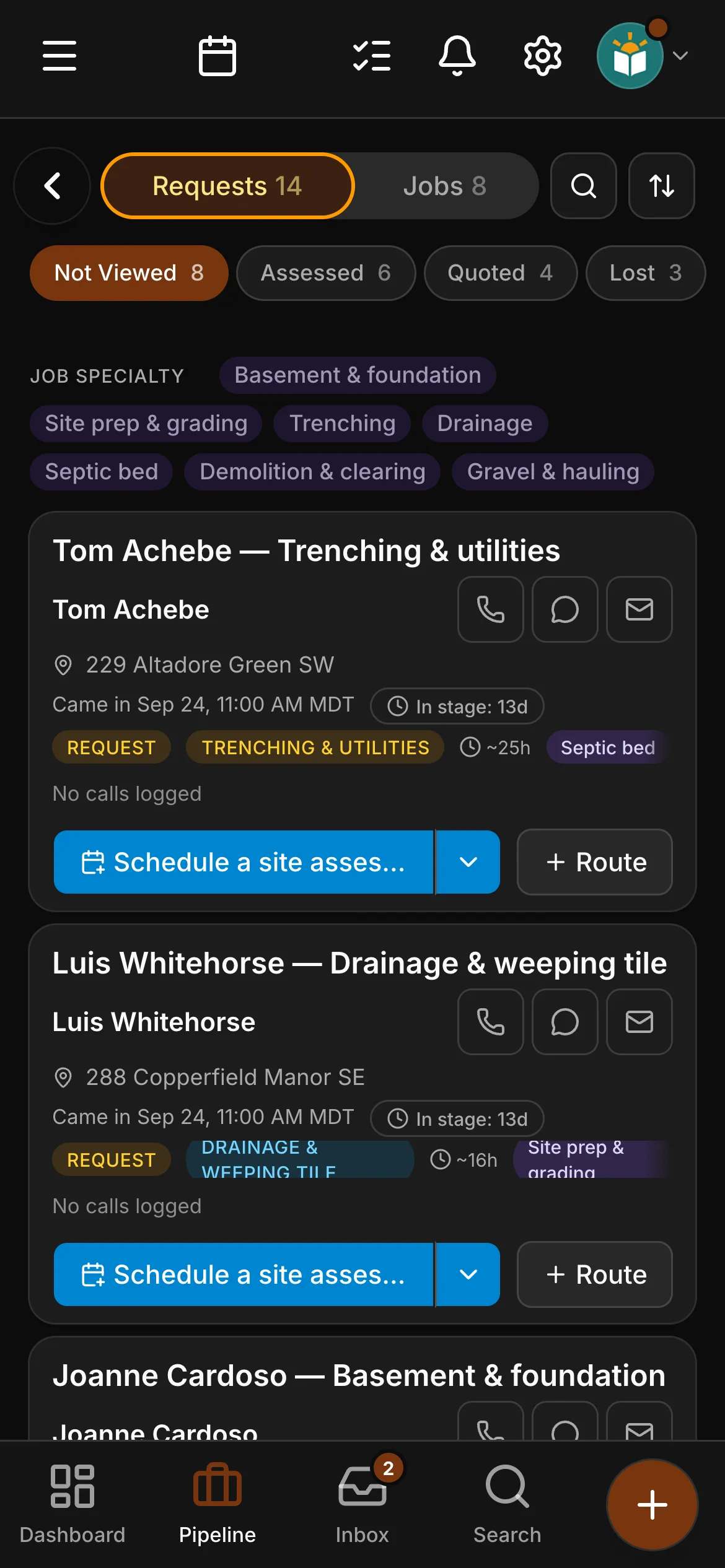 The requests board in Daybook: “Tom Achebe — Trenching & utilities” and “Luis Whitehorse — Drainage & weeping tile”.