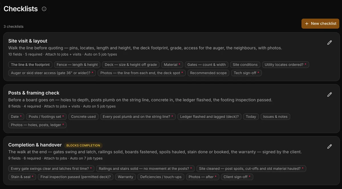 The checklists in Daybook: “Site visit & layout” and “Posts & framing check”.