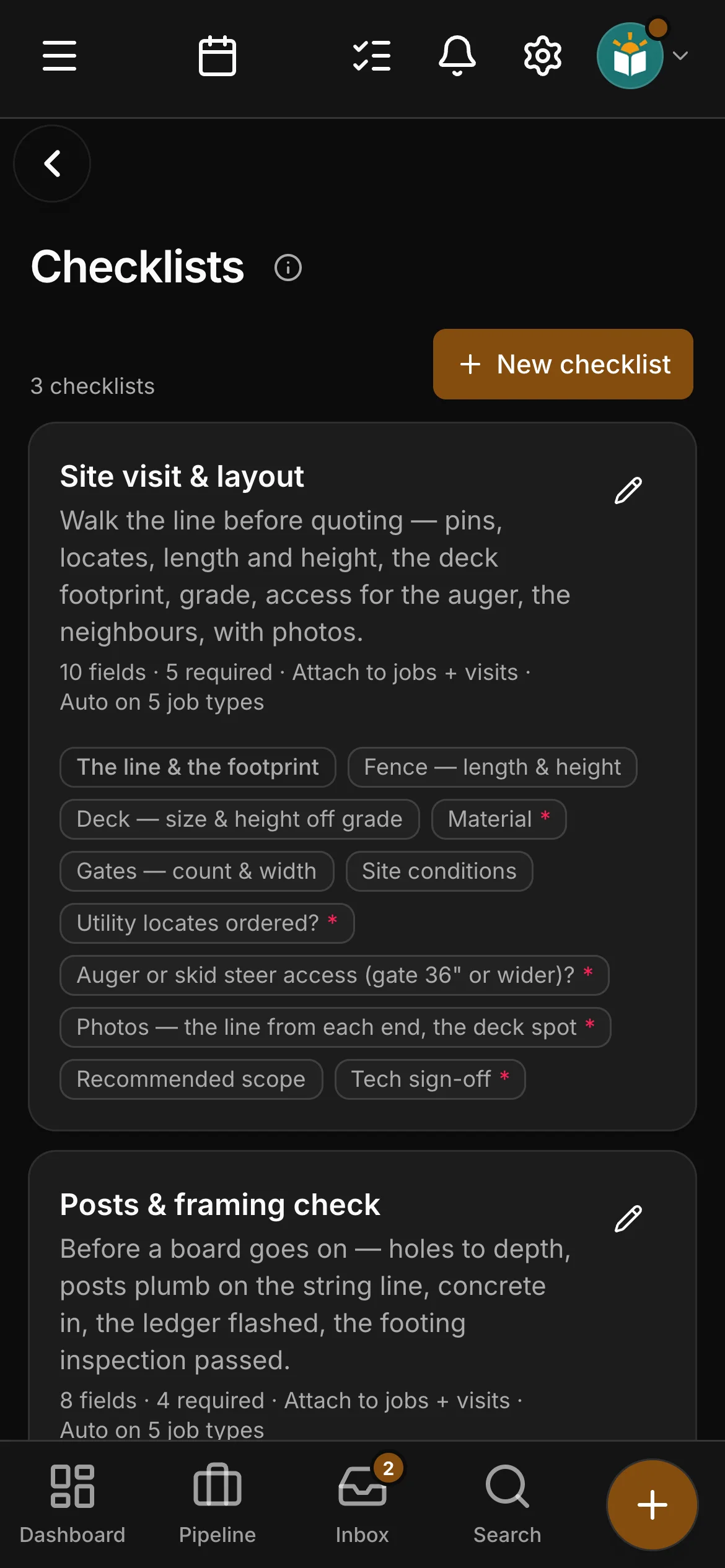 The checklists in Daybook: “Site visit & layout” and “Posts & framing check”.