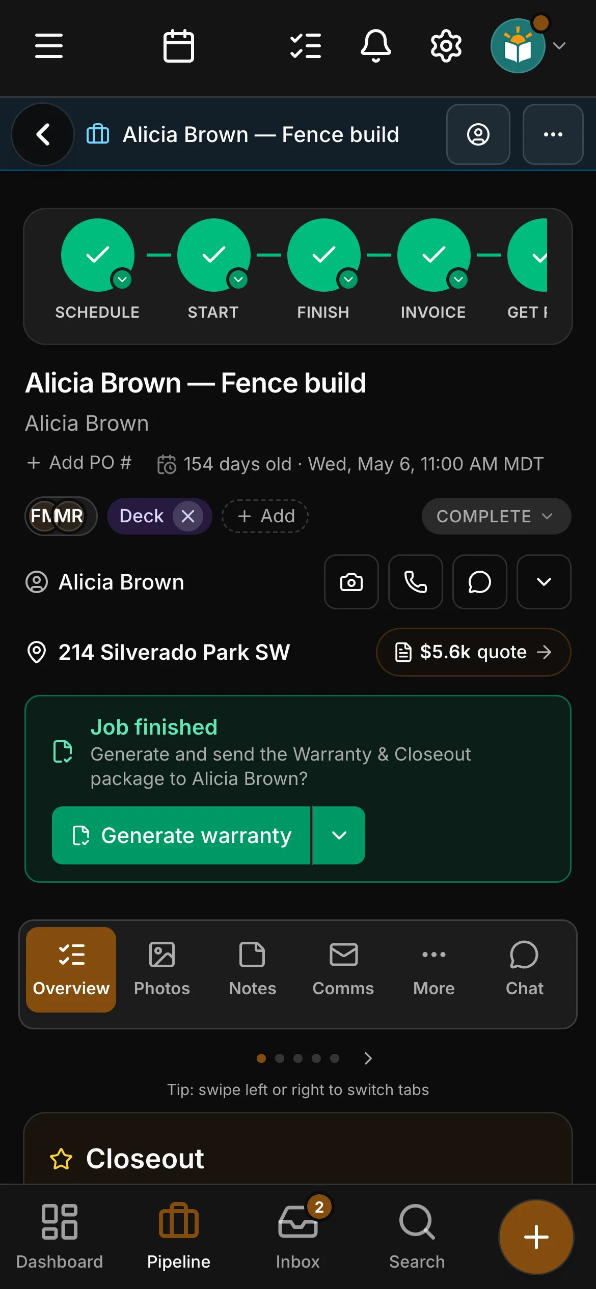 A finished job in Daybook: Job finished, Generate warranty and Closeout.