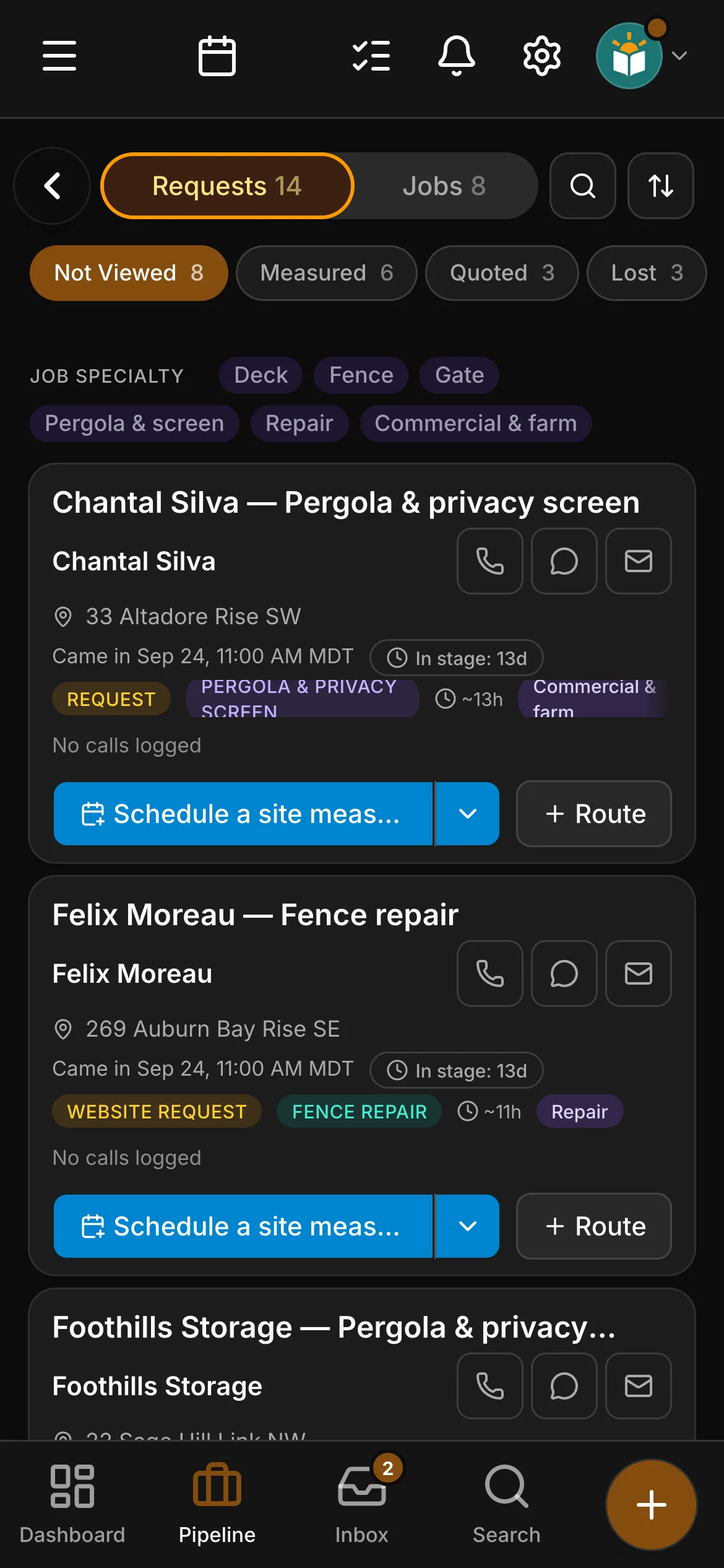 The requests board in Daybook: “Chantal Silva — Pergola & privacy screen” and “Felix Moreau — Fence repair”.