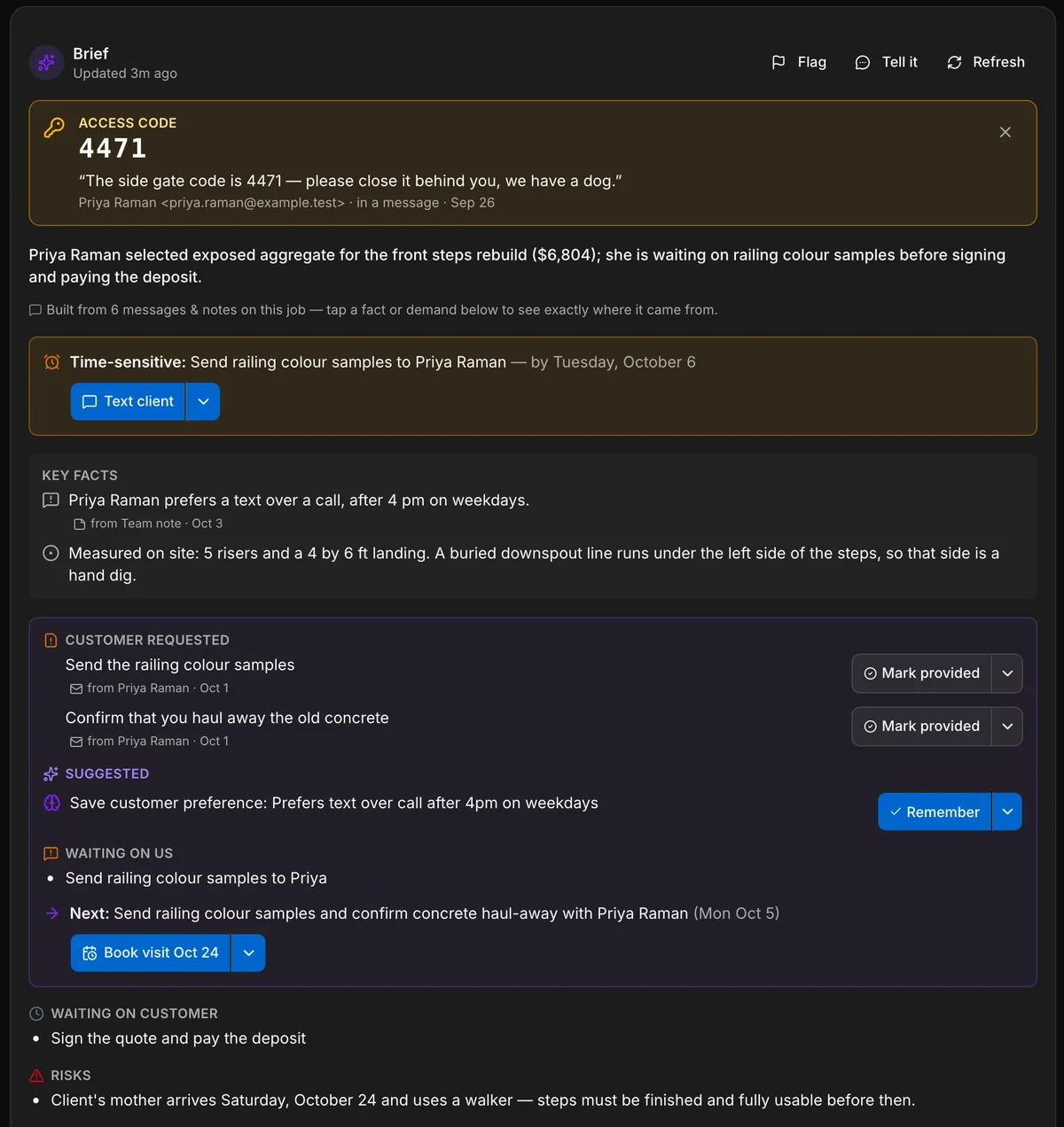 The Brief card on a job: the gate code pinned at the top, a one-line summary, a time-sensitive deadline, key facts, what the customer requested with the message each came from, what is waiting on us with the next step, and what is waiting on the customer.