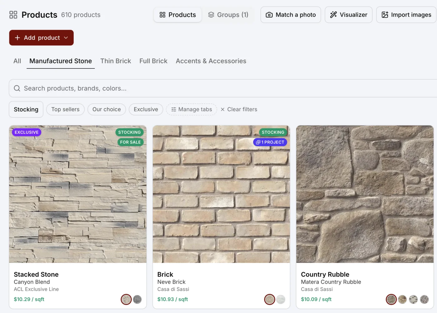 A masonry dealer’s product catalogue in Daybook: stone and brick as photo tiles, each with its colour swatches, badges such as Stocking, and its price per square foot.