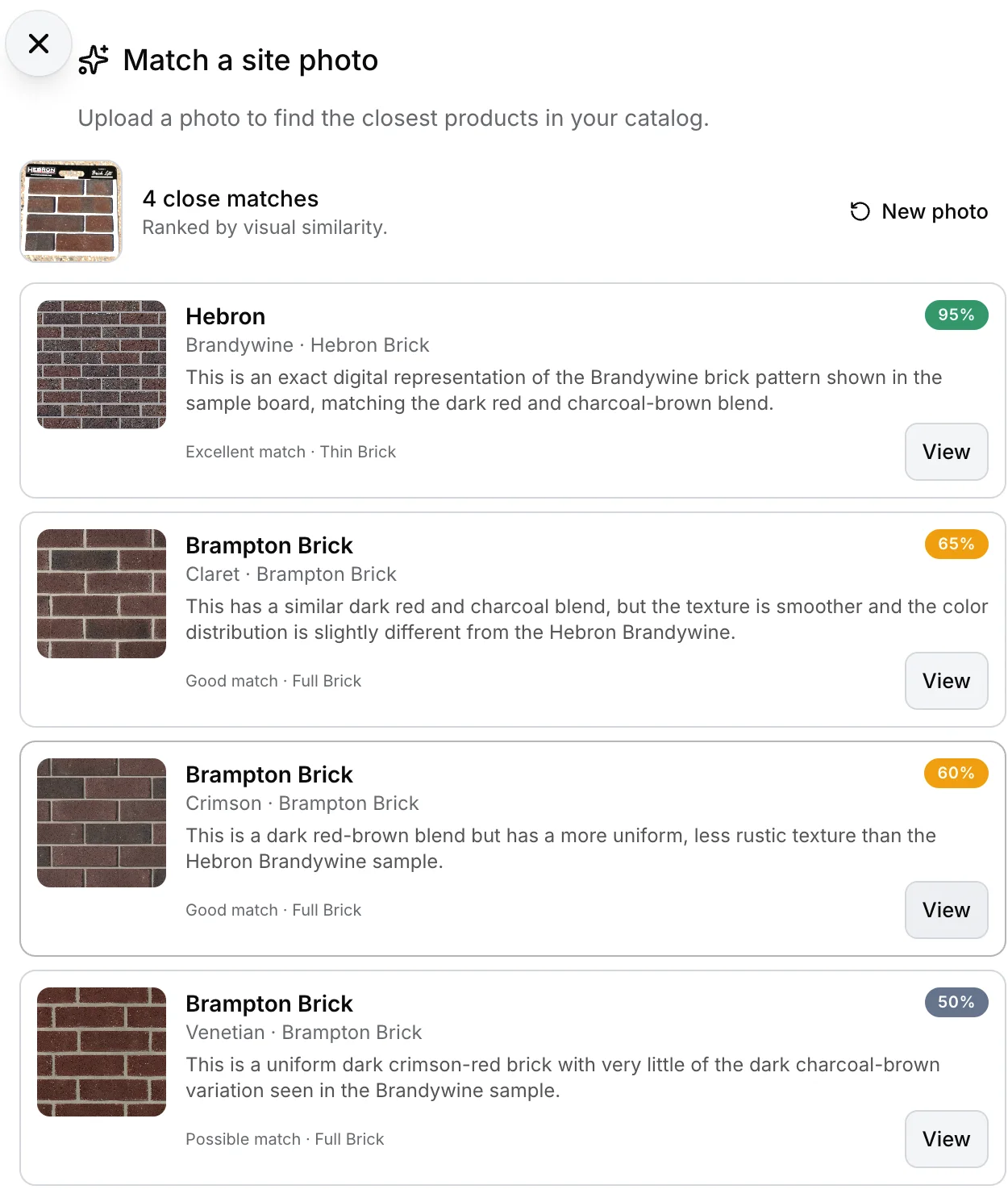 Match a site photo in Daybook: the closest brick in the catalogue, ranked, each match with its percentage and a sentence on how close it really is.