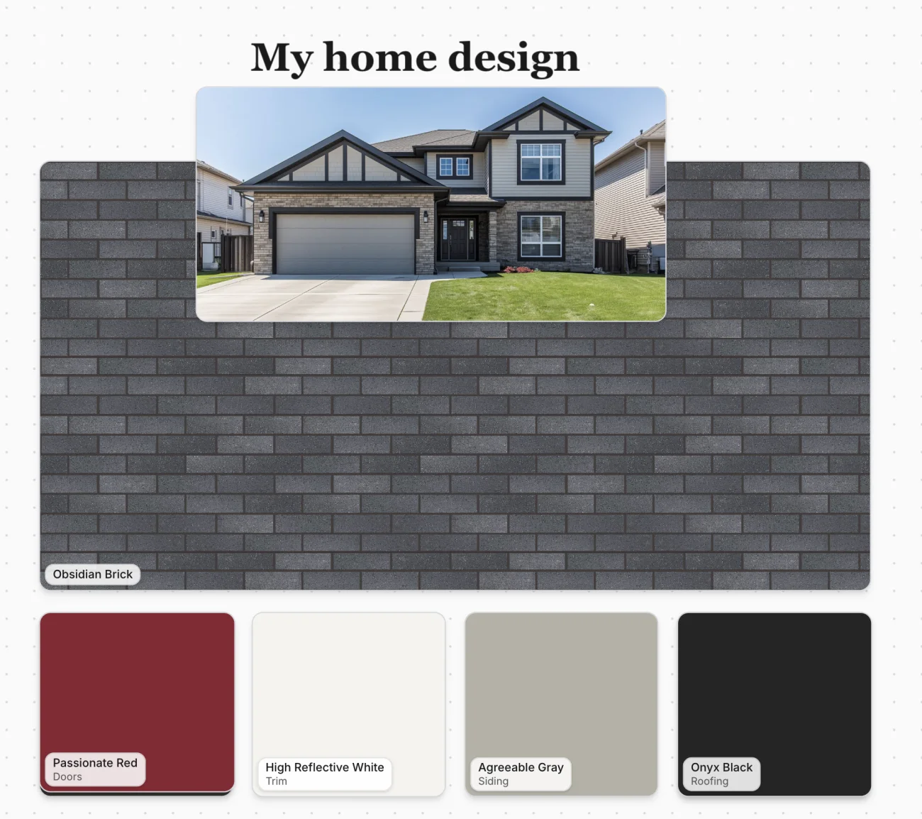 A client’s mood board in Daybook: the stone and brick they chose, with paint colours picked for the doors, the trim and the siding.