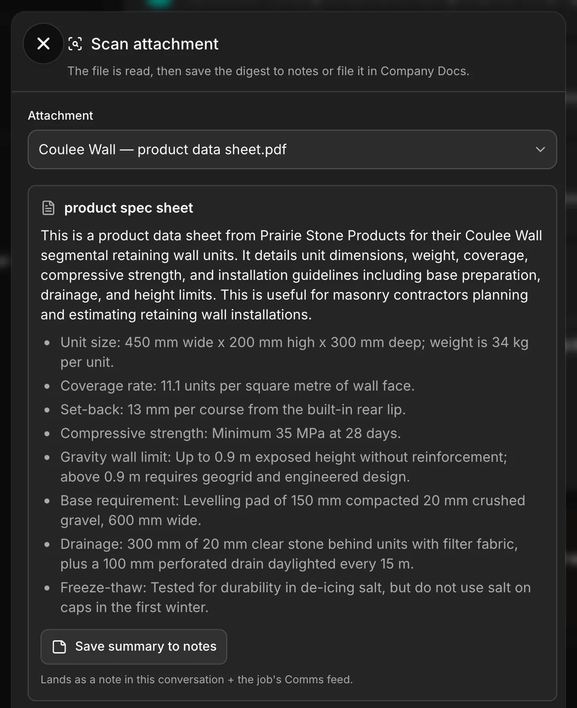 Read one file on a client’s email, in Daybook: the attached “Coulee Wall — product data sheet.pdf” summed up as a product spec sheet — a short summary, then the unit size and weight, coverage, set-back, strength, the height a wall can go without reinforcement, the base, the drainage and a freeze-thaw note — with Save summary to notes, which lands it in the conversation and on the job.