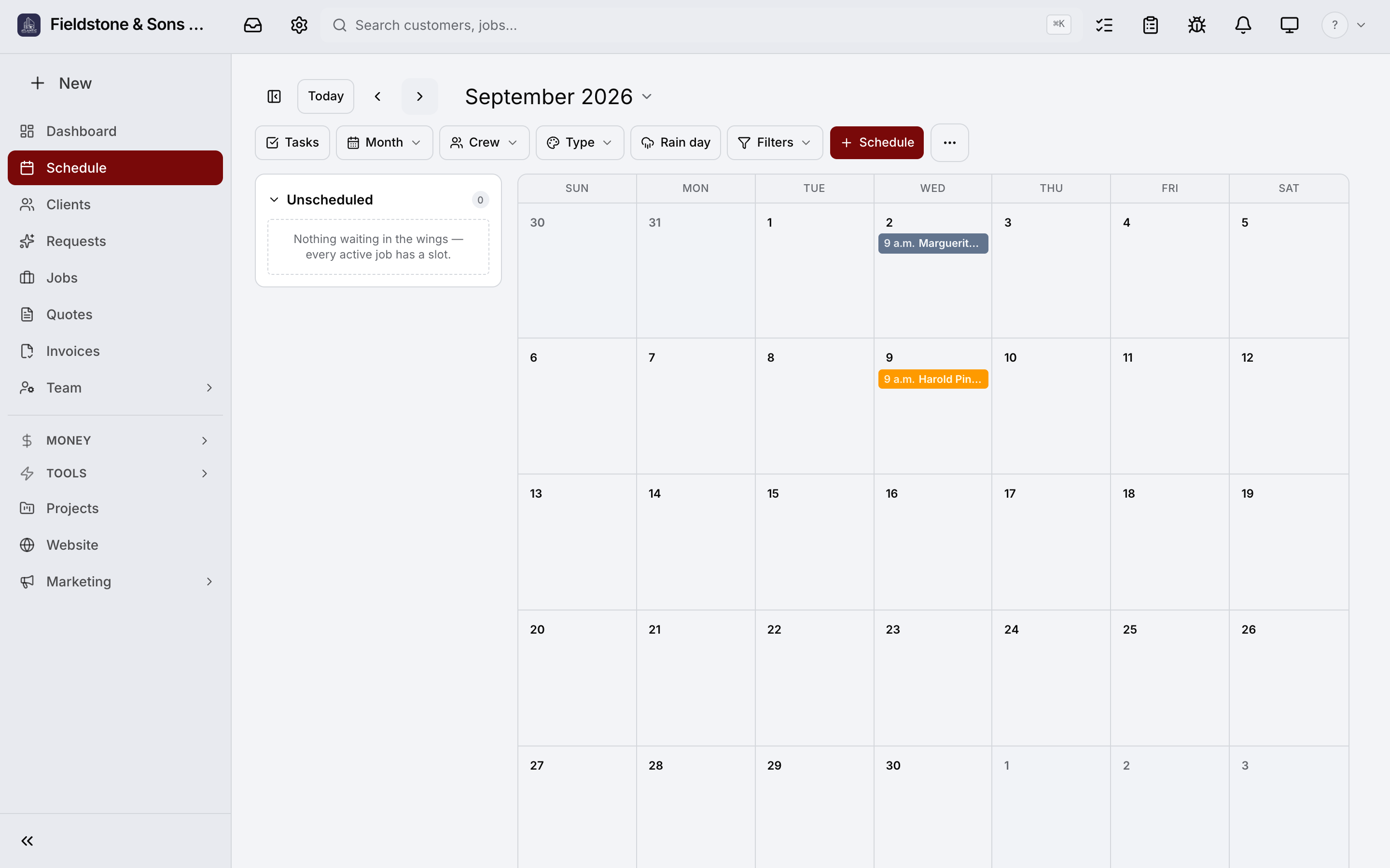 The Daybook day view, with the day’s jobs laid out in order.
