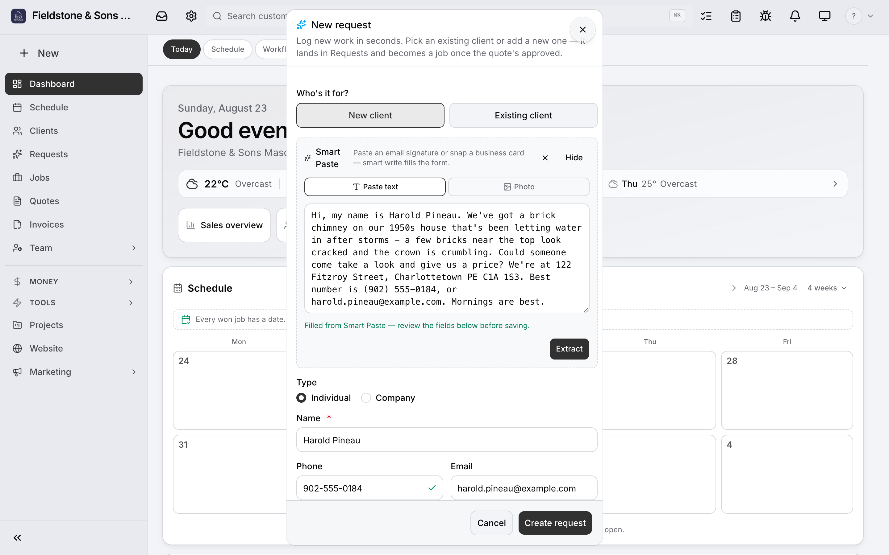 Text pasted into Daybook being read into a structured request.