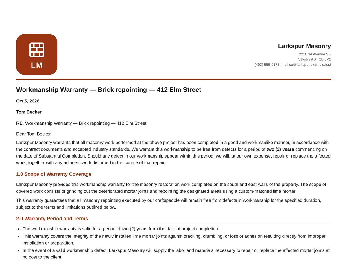 A warranty Daybook wrote from the job and turned into a PDF: Larkspur Masonry’s logo and address at the top, “Workmanship Warranty — Brick repointing — 412 Elm Street” for Tom Becker, a two-year workmanship warranty, then its scope and its period and terms.