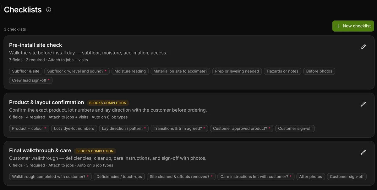 The checklists in Daybook: “Pre-install site check” and “Product & layout confirmation”, the second marked as blocking a job’s completion.