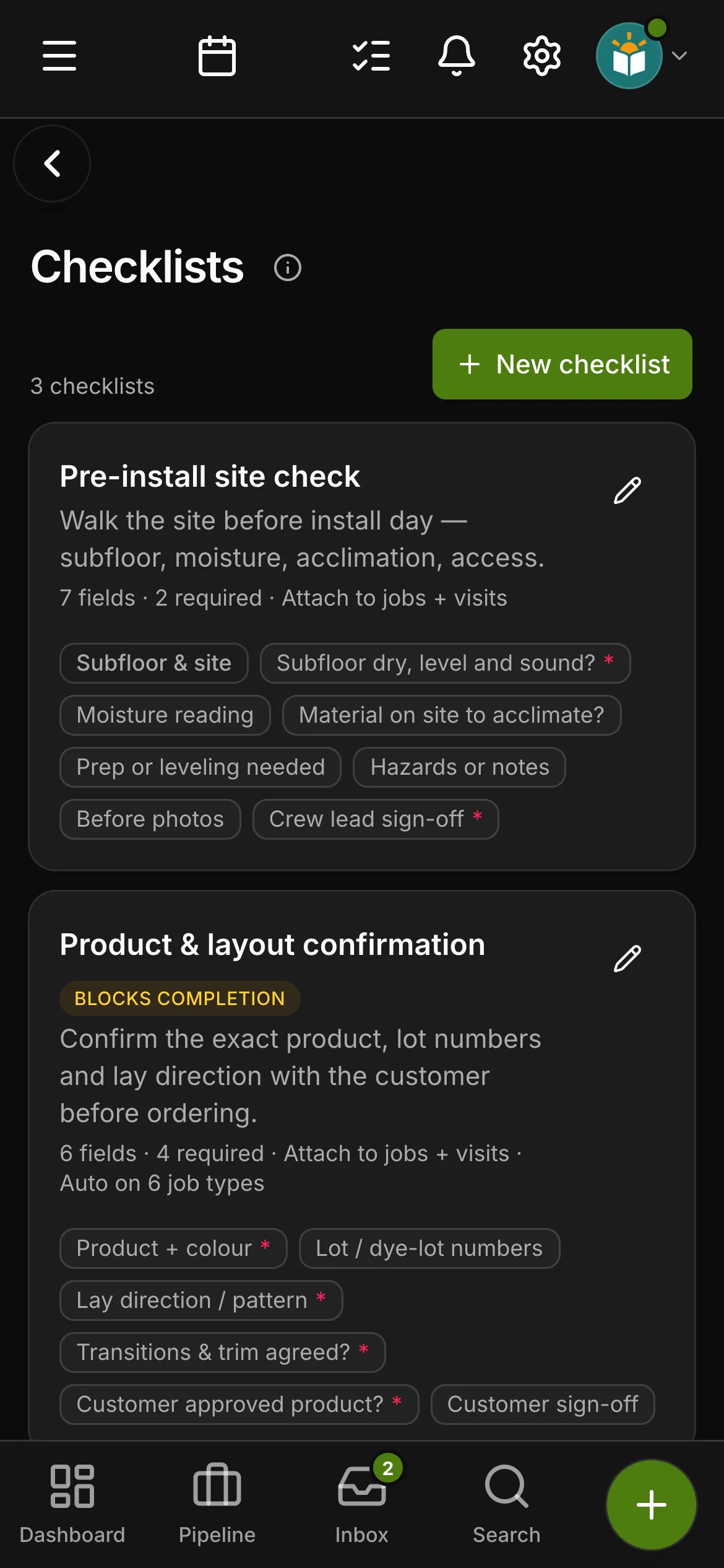 The checklists in Daybook: “Pre-install site check” and “Product & layout confirmation”, the second marked as blocking a job’s completion.