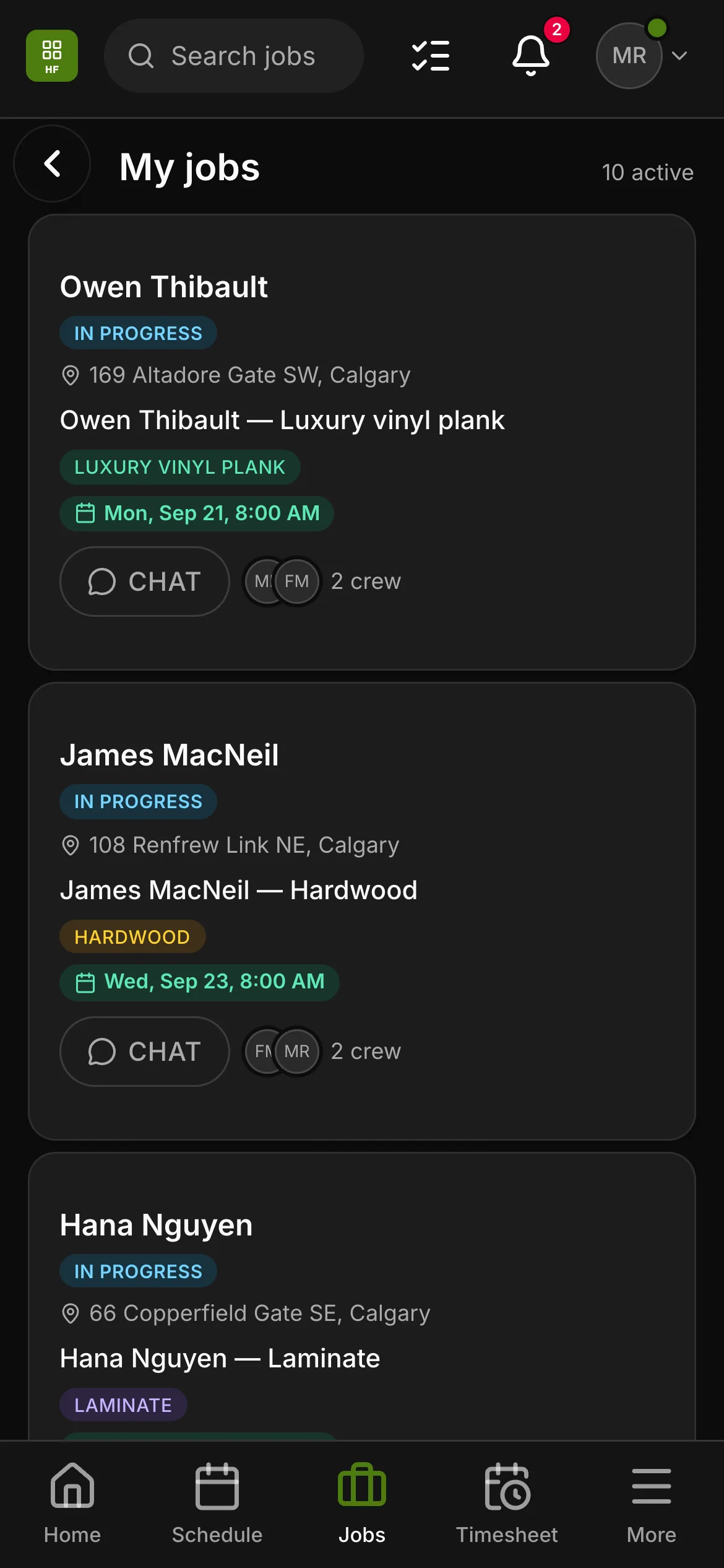 A crew member’s list in the crew app, 10 active: “Owen Thibault — Luxury vinyl plank” and “James MacNeil — Hardwood” among them, each with its address and its time.