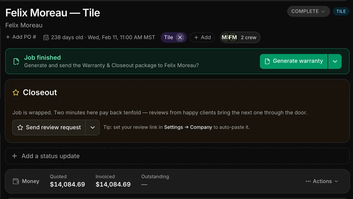A finished job in Daybook: Job finished, Generate warranty and Closeout.
