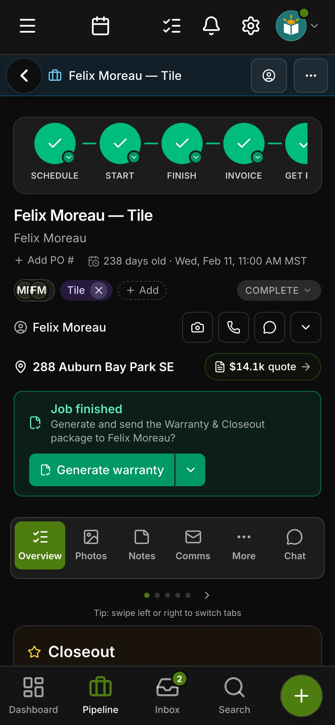 A finished job in Daybook: Job finished, Generate warranty and Closeout.