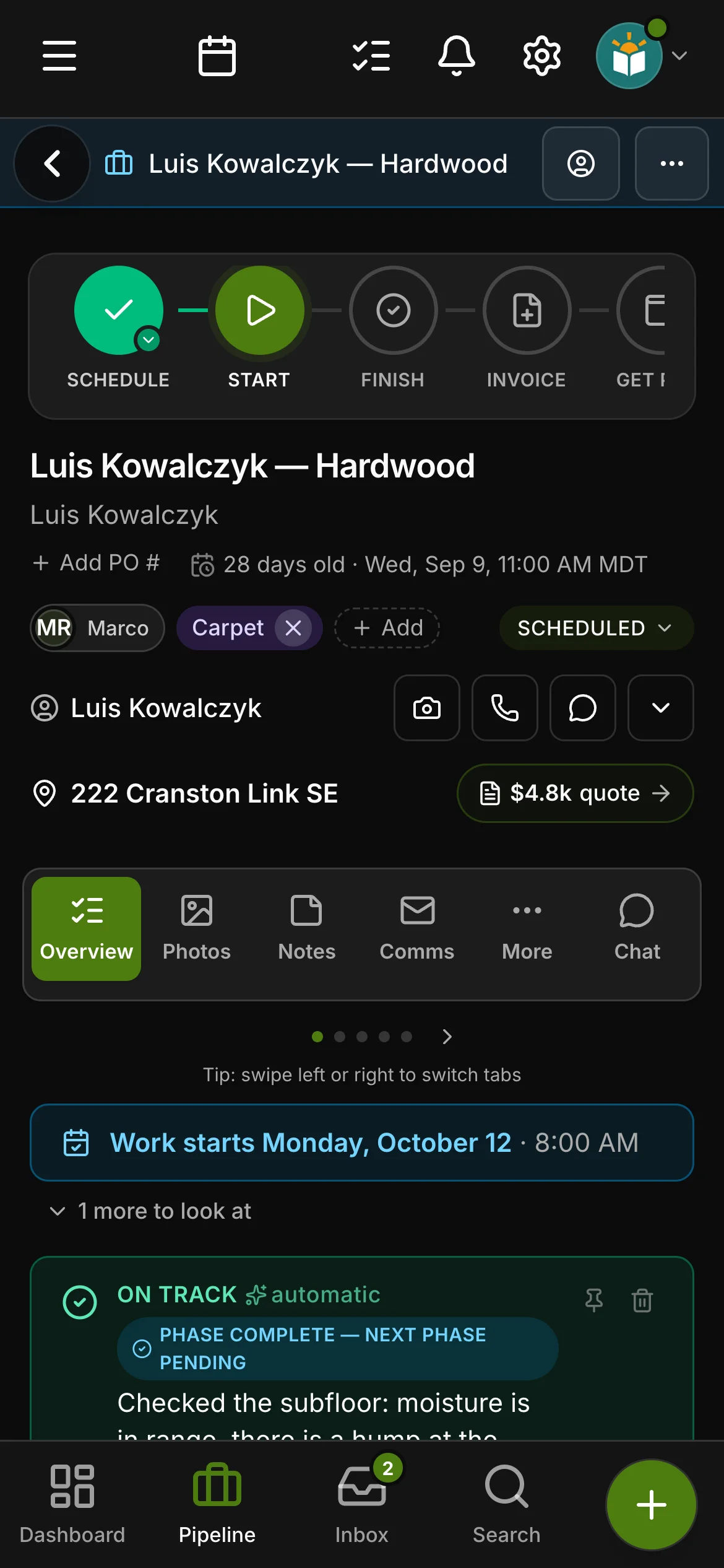 The job on its page in Daybook, its steps across the top: Schedule, Start, Finish, Invoice and Get paid.