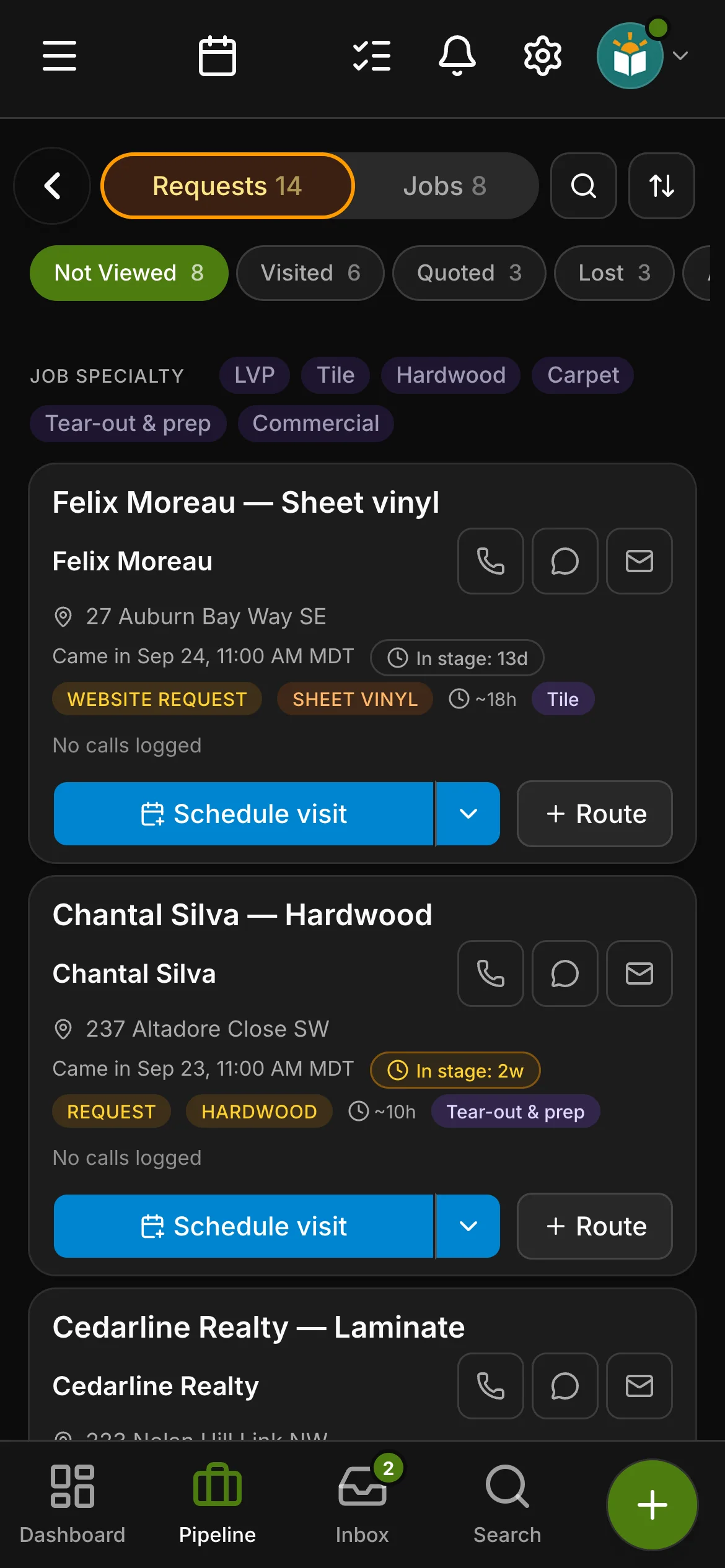 The requests board in Daybook: “Felix Moreau — Sheet vinyl” and “Chantal Silva — Hardwood”.