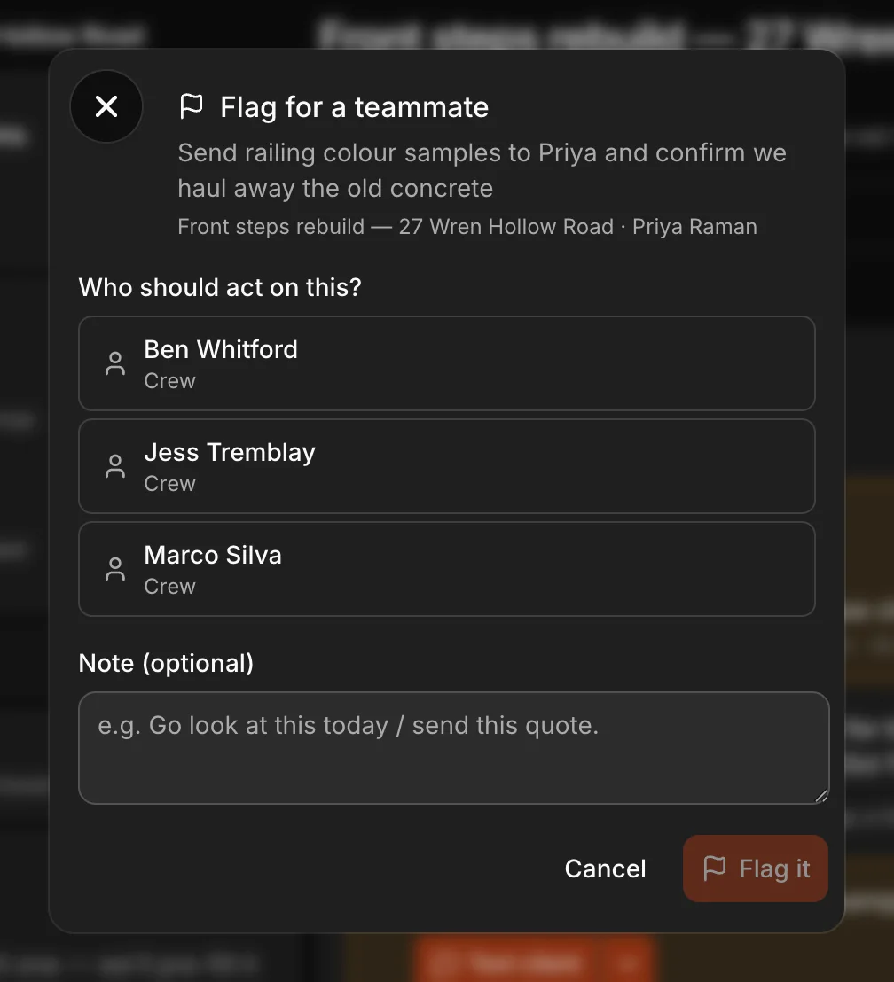 A line of a job’s brief flagged for a teammate: “Flag for a teammate” — “Who should act on this?”, “Ben Whitford”, “Jess Tremblay” and “Marco Silva”.