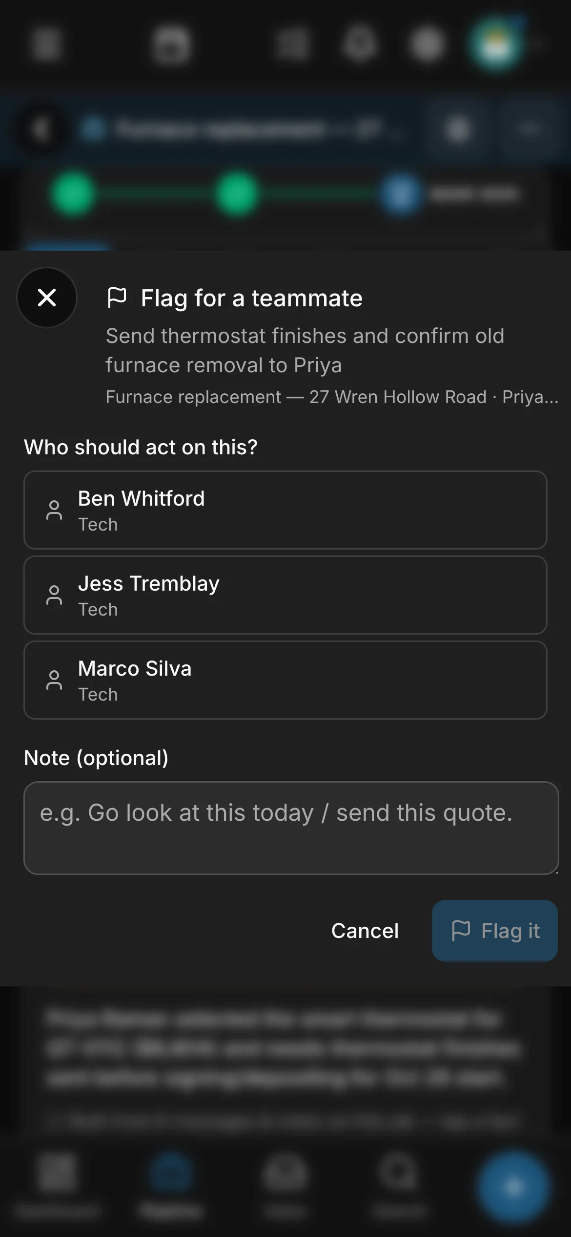 A line of a job’s brief flagged for a teammate: “Flag for a teammate” — “Who should act on this?”, “Ben Whitford”, “Jess Tremblay” and “Marco Silva”.