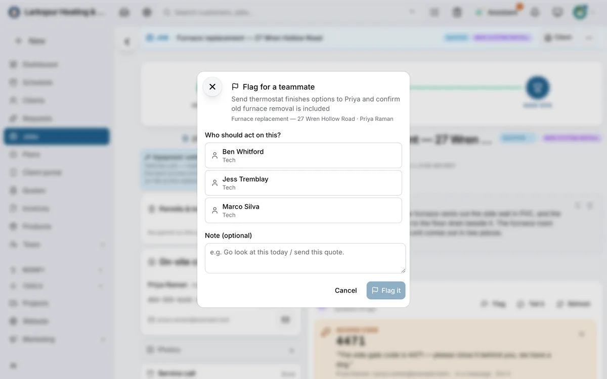 A line of a job’s brief flagged for a teammate: “Flag for a teammate” — “Who should act on this?”, “Ben Whitford”, “Jess Tremblay” and “Marco Silva”.