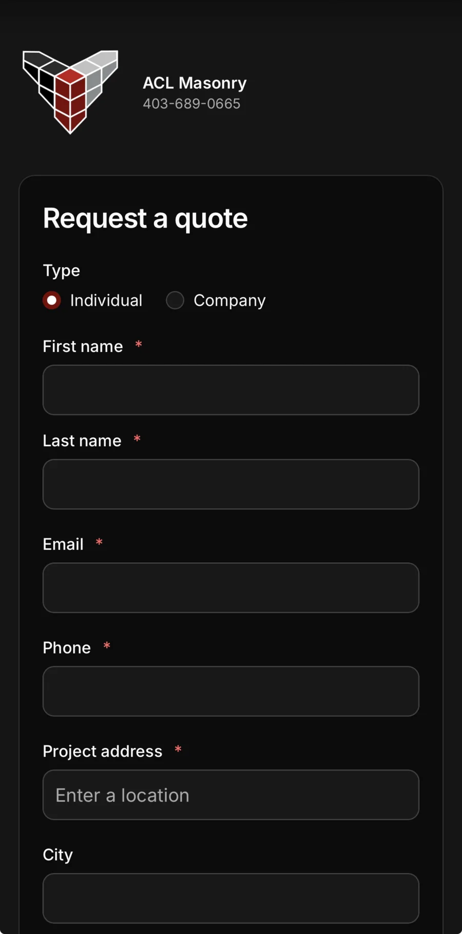 The client’s side of the form: a masonry company’s Request a quote — Individual or Company, first and last name, email, phone, the project address and the city.