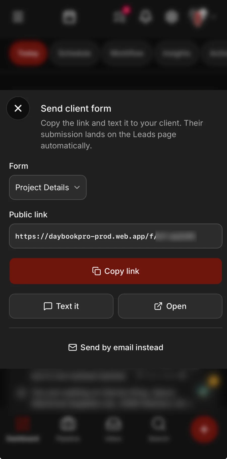 Send client form: the Project Details form picked, its public link, Copy link, Text it, Open, and Send by email instead.