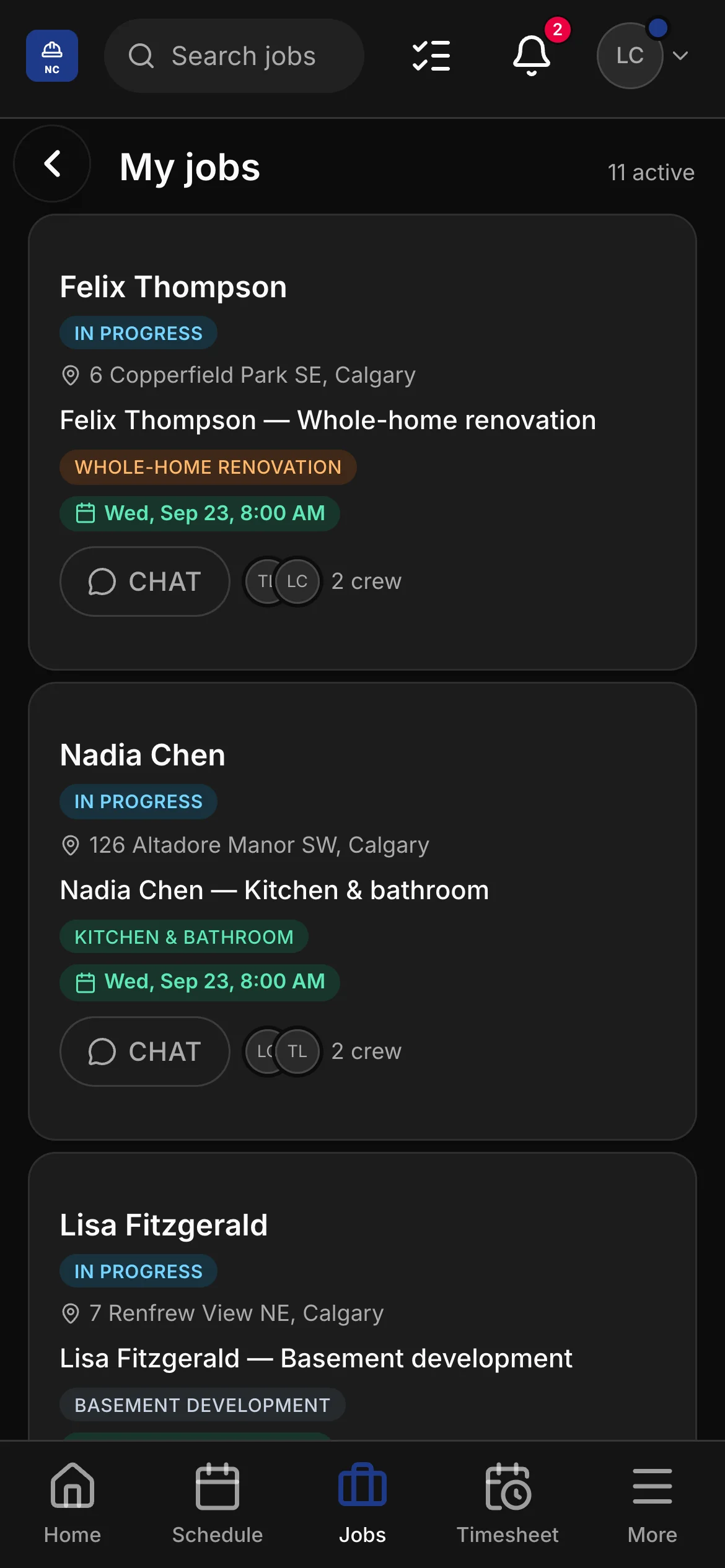 A crew member’s list in the crew app, 11 active: “Felix Thompson — Whole-home renovation” and “Nadia Chen — Kitchen & bathroom” among them, each with its address and its time.