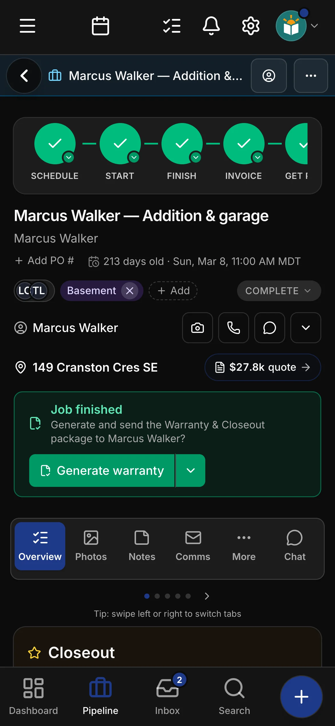 A finished job in Daybook: Job finished, Generate warranty and Closeout.