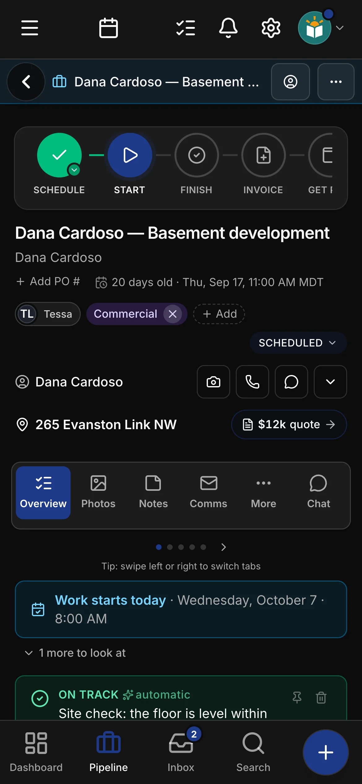 The job on its page in Daybook, its steps across the top: Schedule, Start, Finish, Invoice and Get paid.
