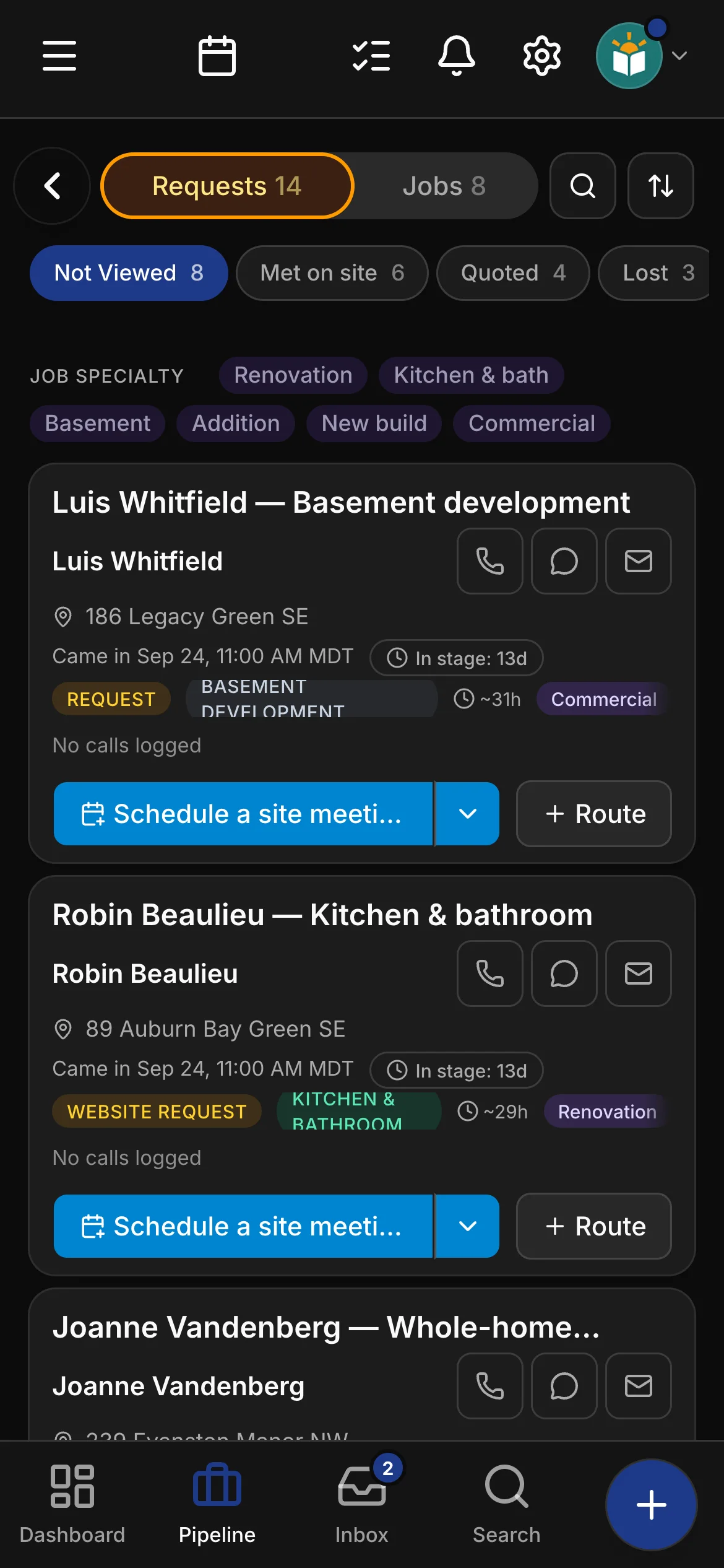 The requests board in Daybook: “Luis Whitfield — Basement development” and “Robin Beaulieu — Kitchen & bathroom”.