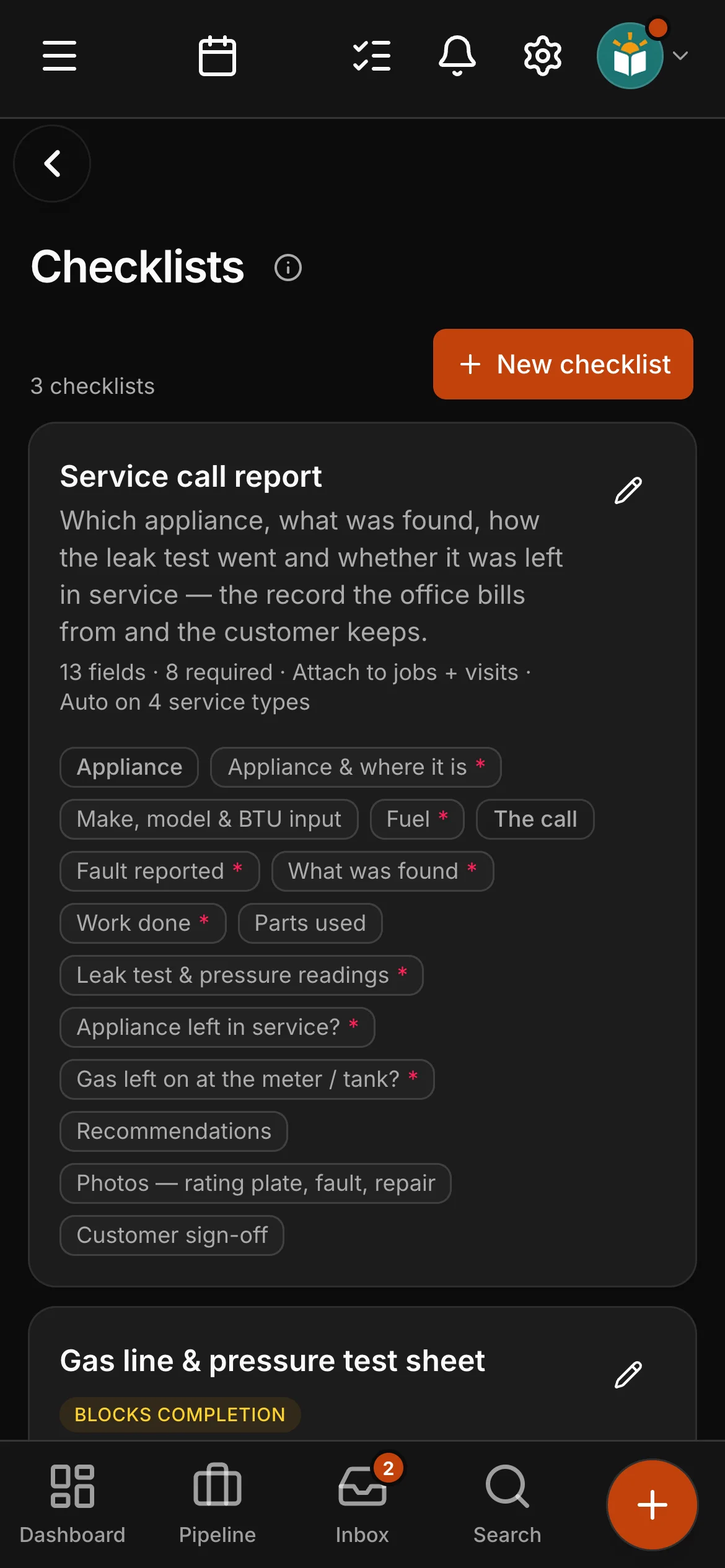 The checklists in Daybook: “Service call report” and “Gas line & pressure test sheet”, the second marked as blocking a job’s completion.