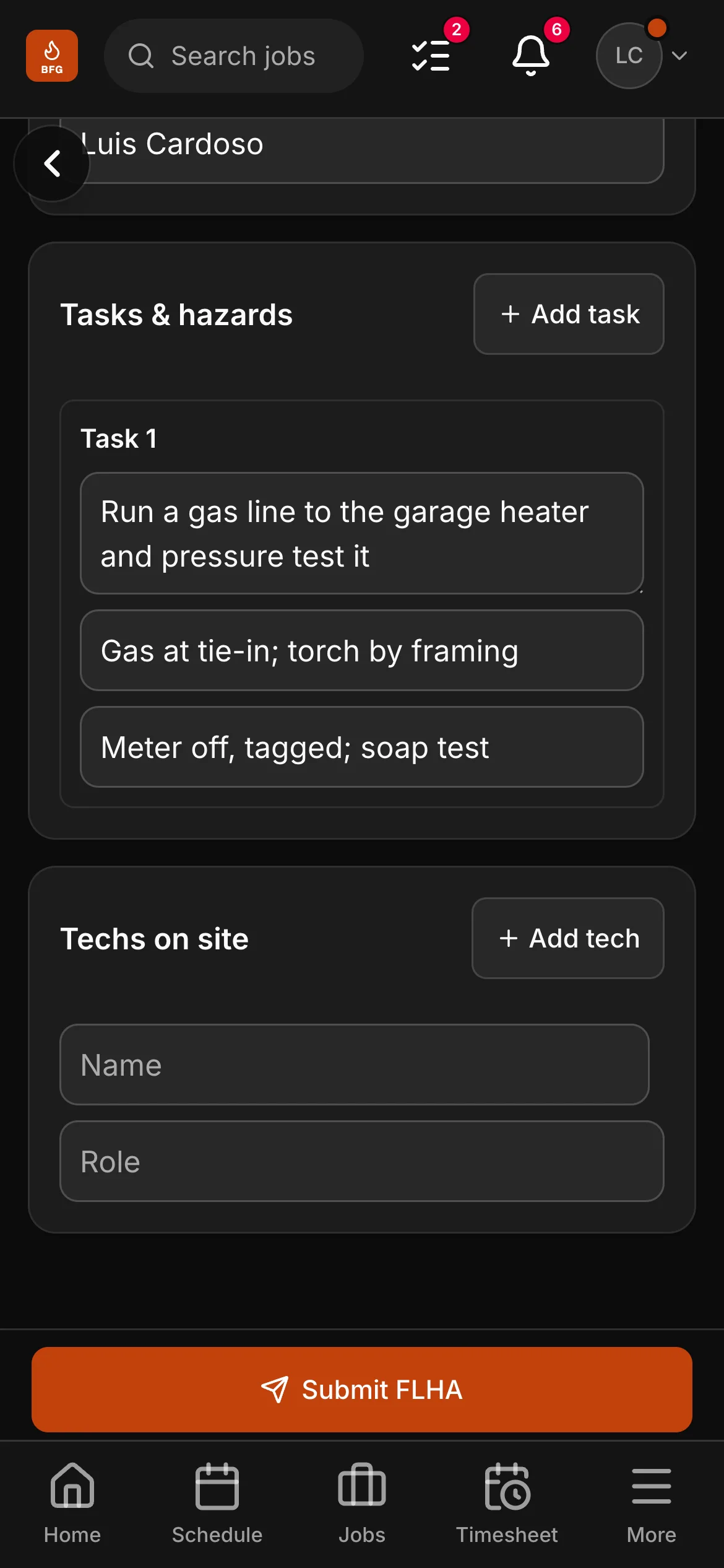 An FLHA in the crew app, “Run a gas line to the garage heater and pressure test it”: the task with its hazard and its control.