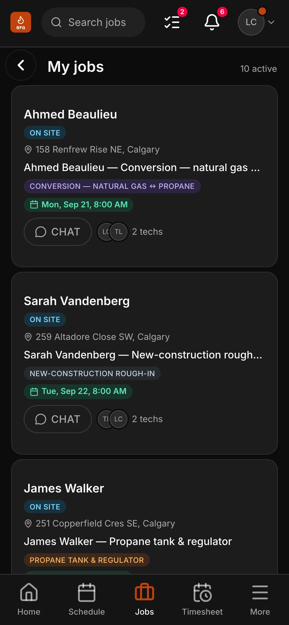 A crew member’s list in the crew app, 10 active: “Ahmed Beaulieu — Conversion — natural gas ↔ propane” and “Sarah Vandenberg — New-construction rough-in” among them, each with its address and its time.