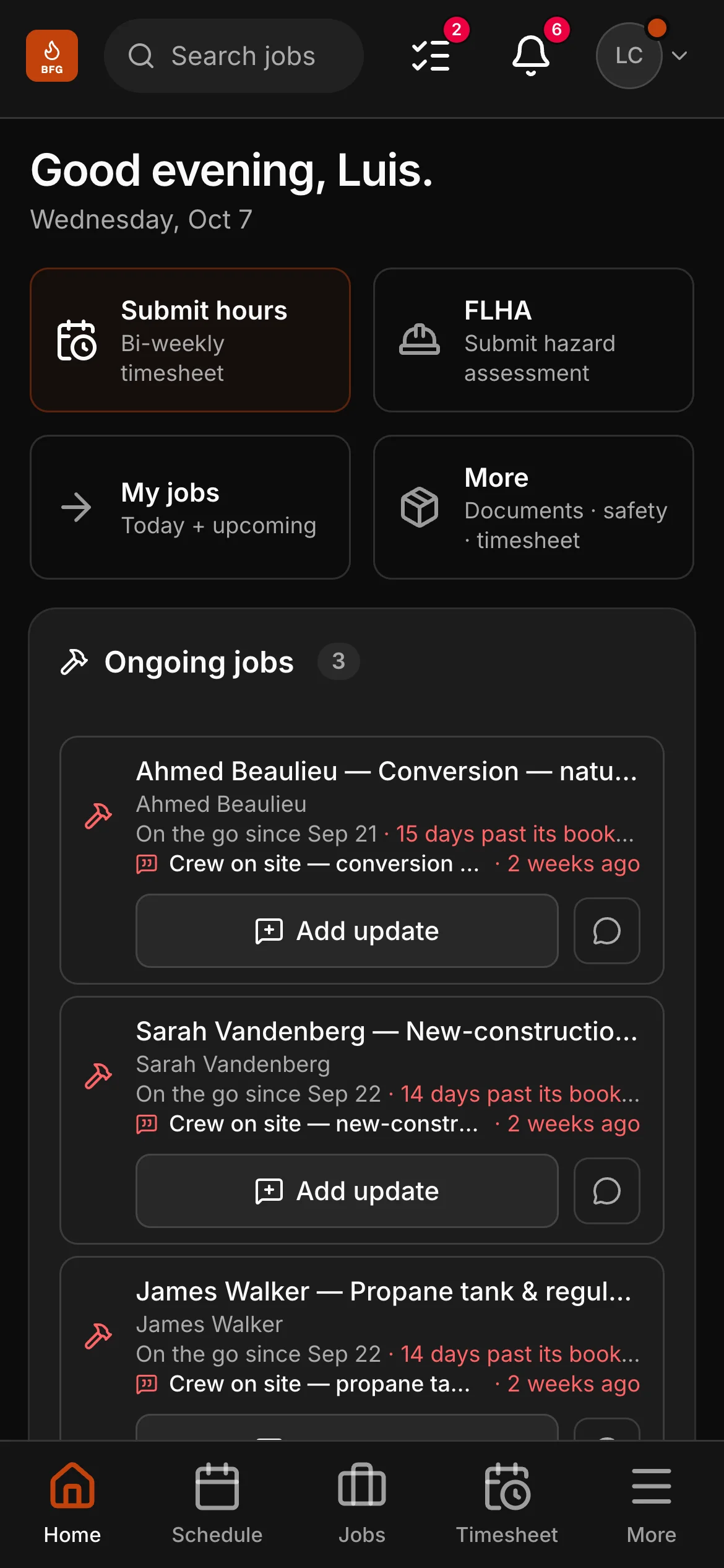 The crew app’s home: a greeting by name, then Submit hours, FLHA, My jobs and More, and the jobs on the go below them, each with Add update.