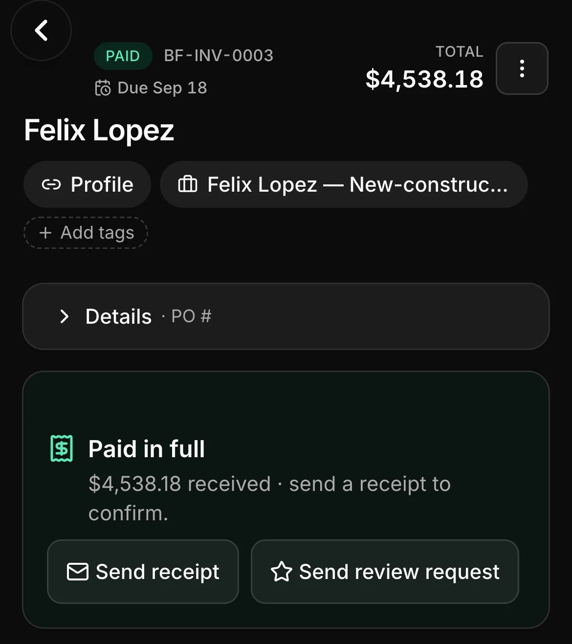 A paid invoice in Daybook: BF-INV-0003, paid, $4,538.18.