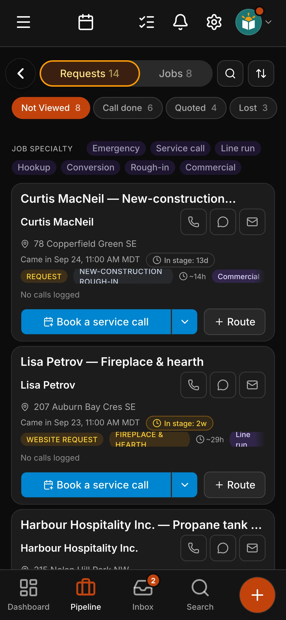 The requests board in Daybook: “Curtis MacNeil — New-construction rough-in” and “Lisa Petrov — Fireplace & hearth”.
