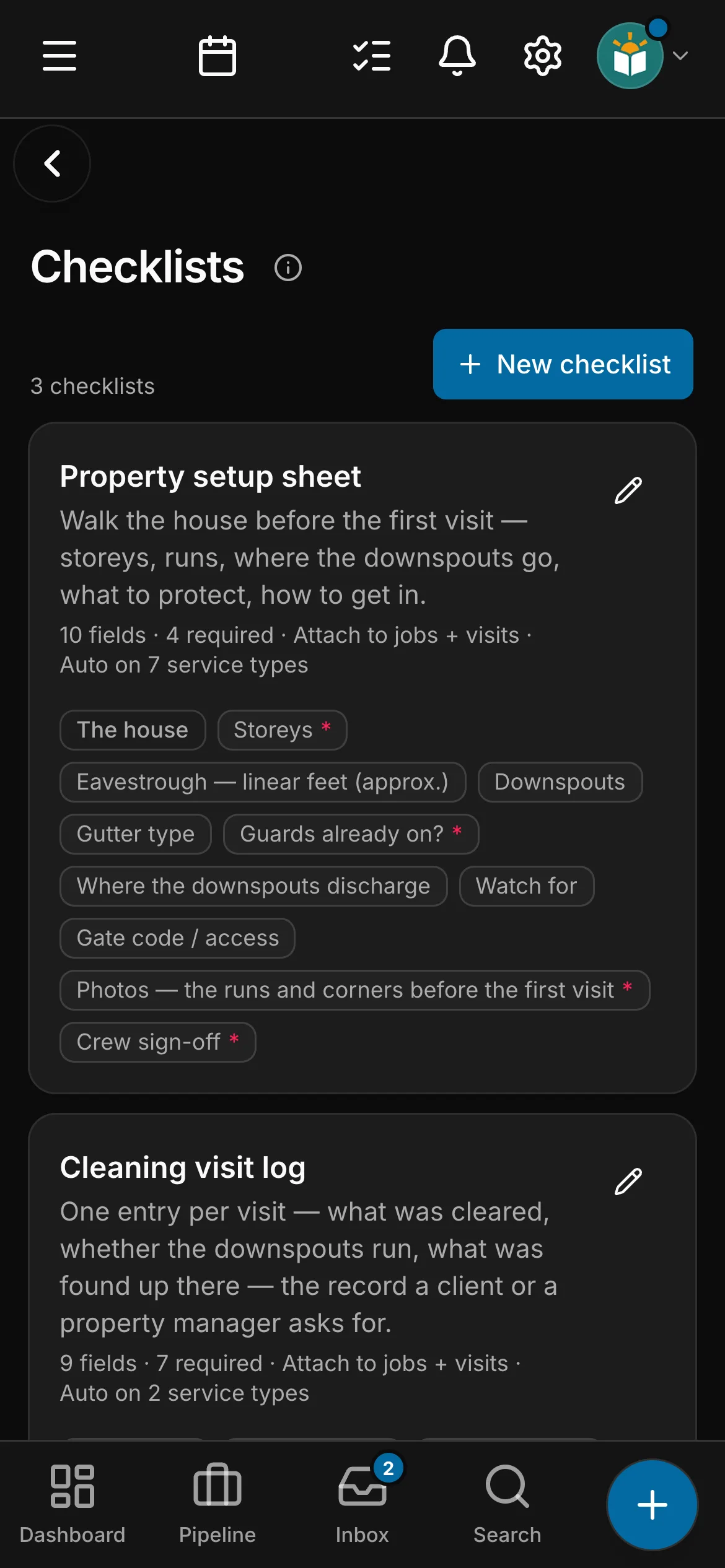 The checklists in Daybook: “Property setup sheet” and “Cleaning visit log”.