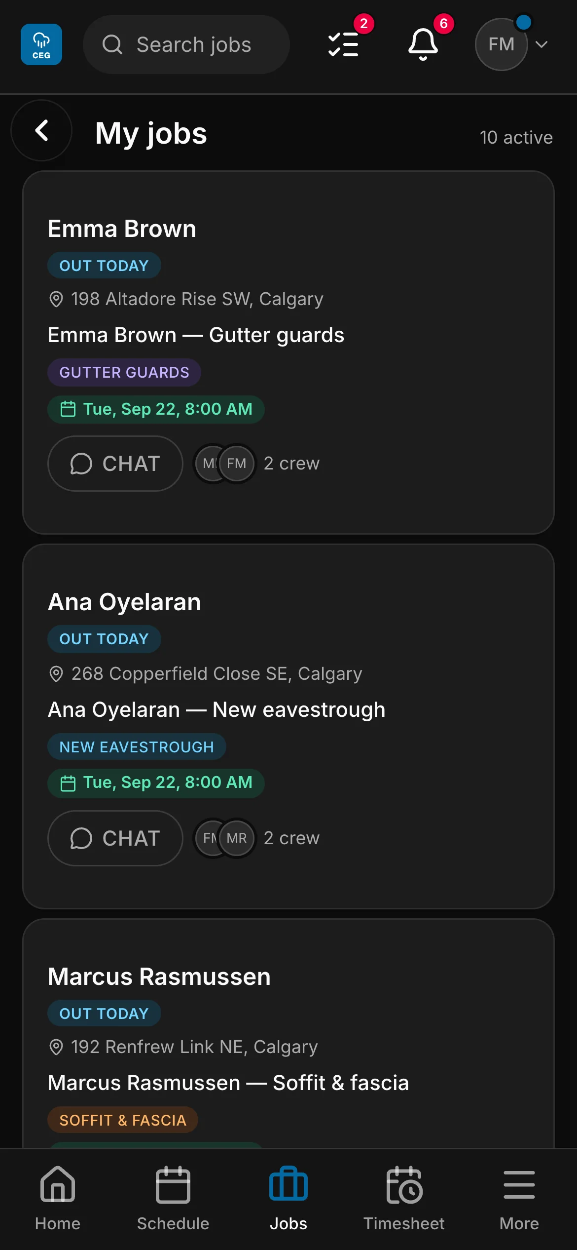 A crew member’s list in the crew app, 10 active: “Emma Brown — Gutter guards” and “Ana Oyelaran — New eavestrough” among them, each with its address and its time.
