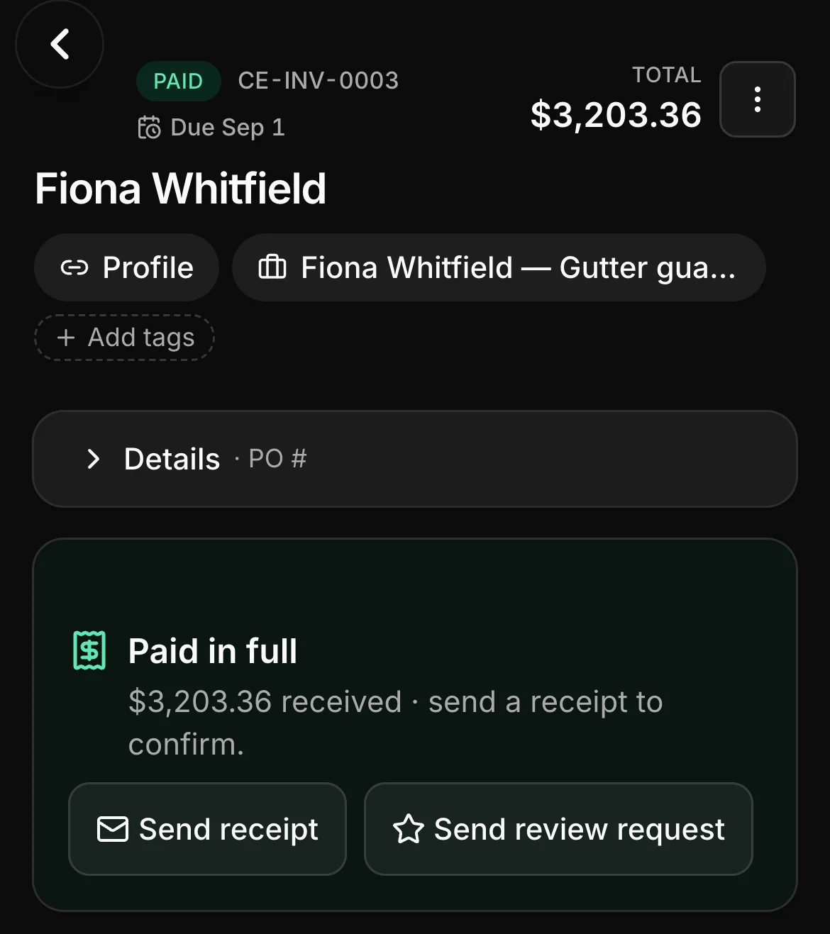 A paid invoice in Daybook: CE-INV-0003, paid, $3,203.36.