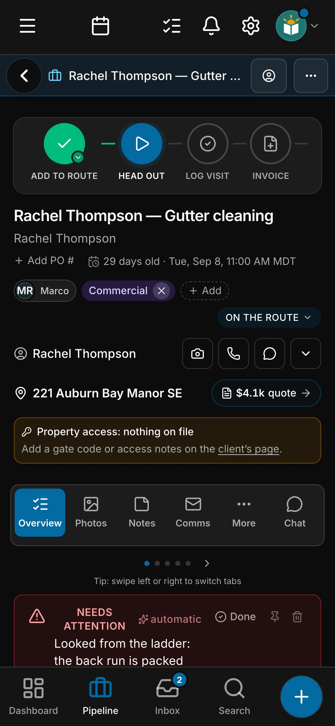 The job on its page in Daybook, its steps across the top: Add to route, Head out, Log visit and Invoice.