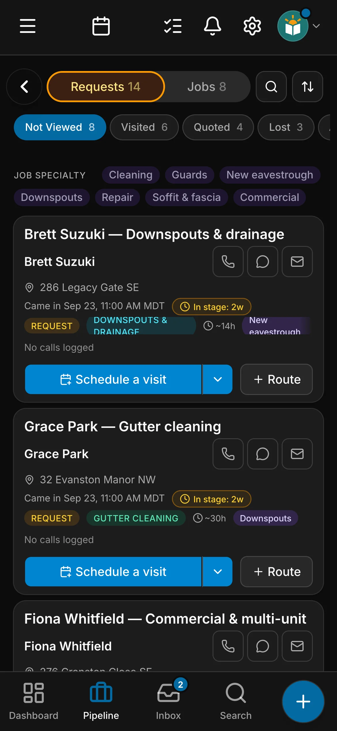 The requests board in Daybook: “Brett Suzuki — Downspouts & drainage” and “Grace Park — Gutter cleaning”.