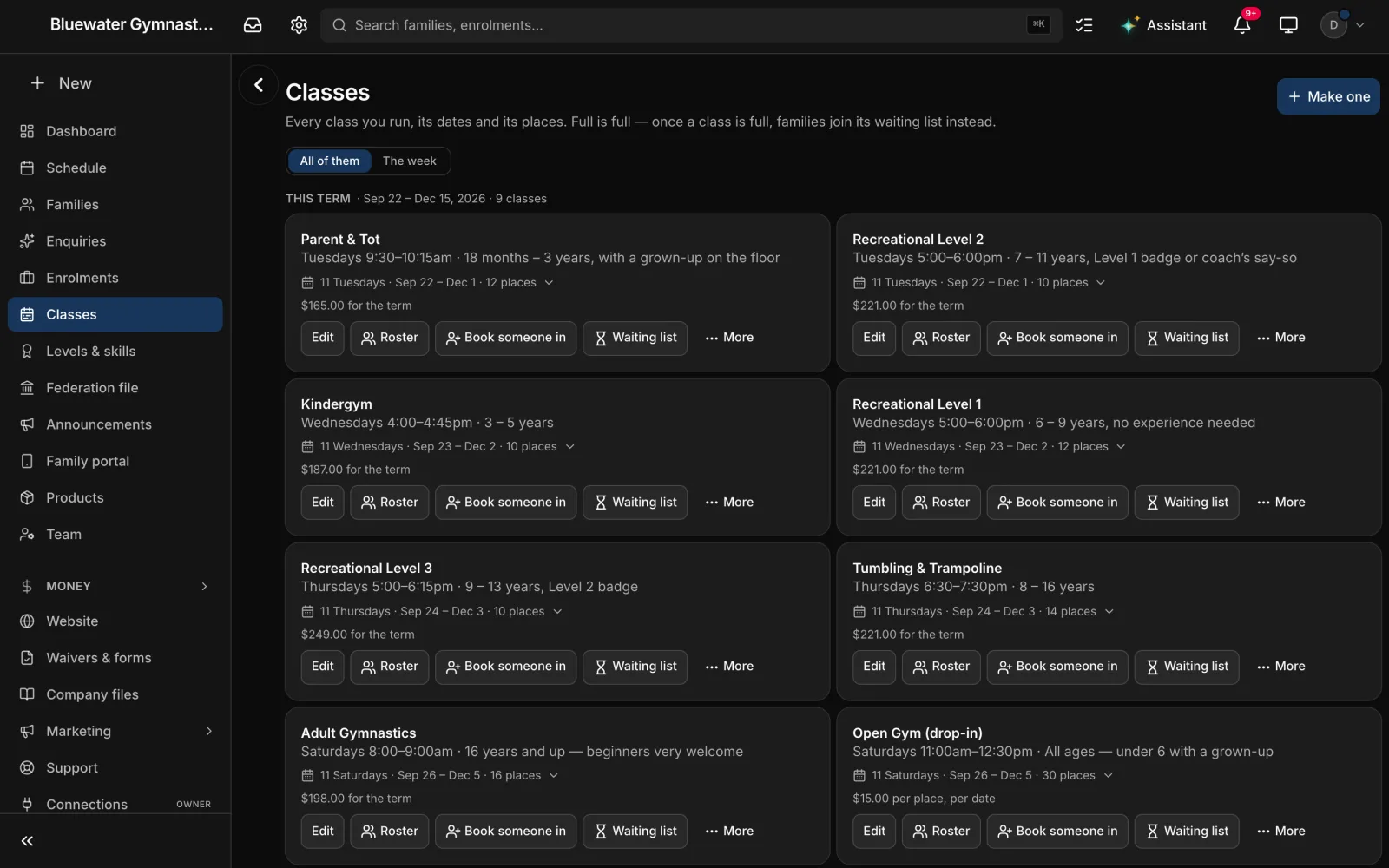 The Classes page of a gymnastics club: this term’s classes, from Parent & Tot to Open Gym, each with its day and time, the ages it is for, its weeks and places, its price for the term, and Roster, Book someone in and Waiting list buttons.