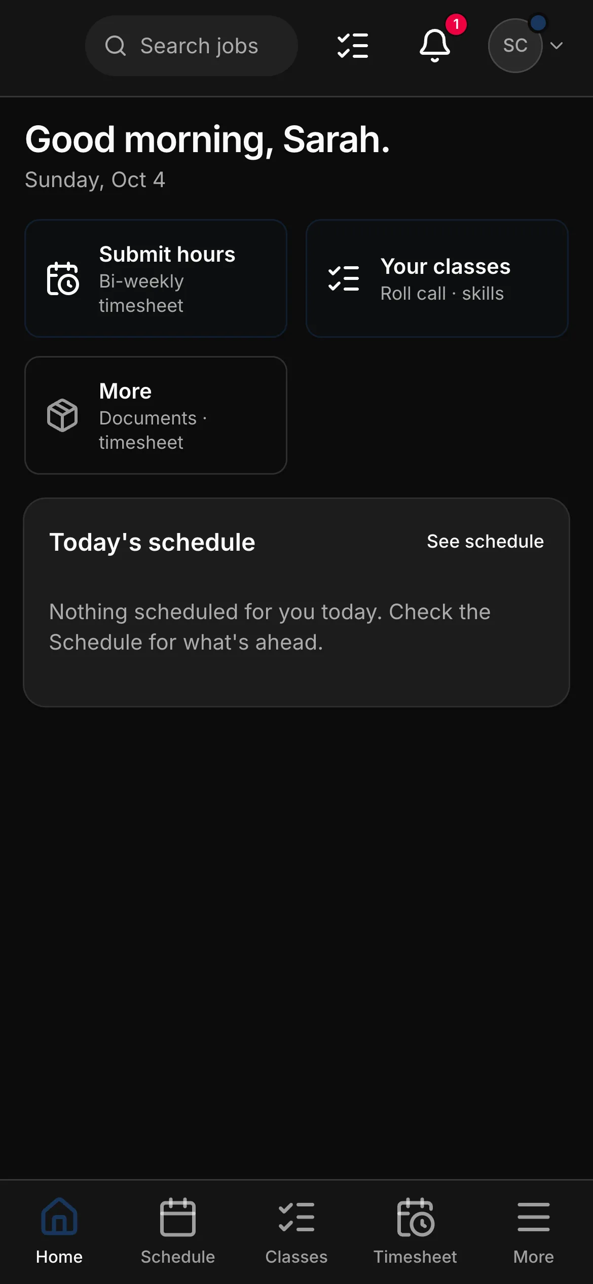 A coach’s home on a phone: “Good morning, Sarah”, Submit hours, Your classes for roll call and skills, More, and today’s schedule.