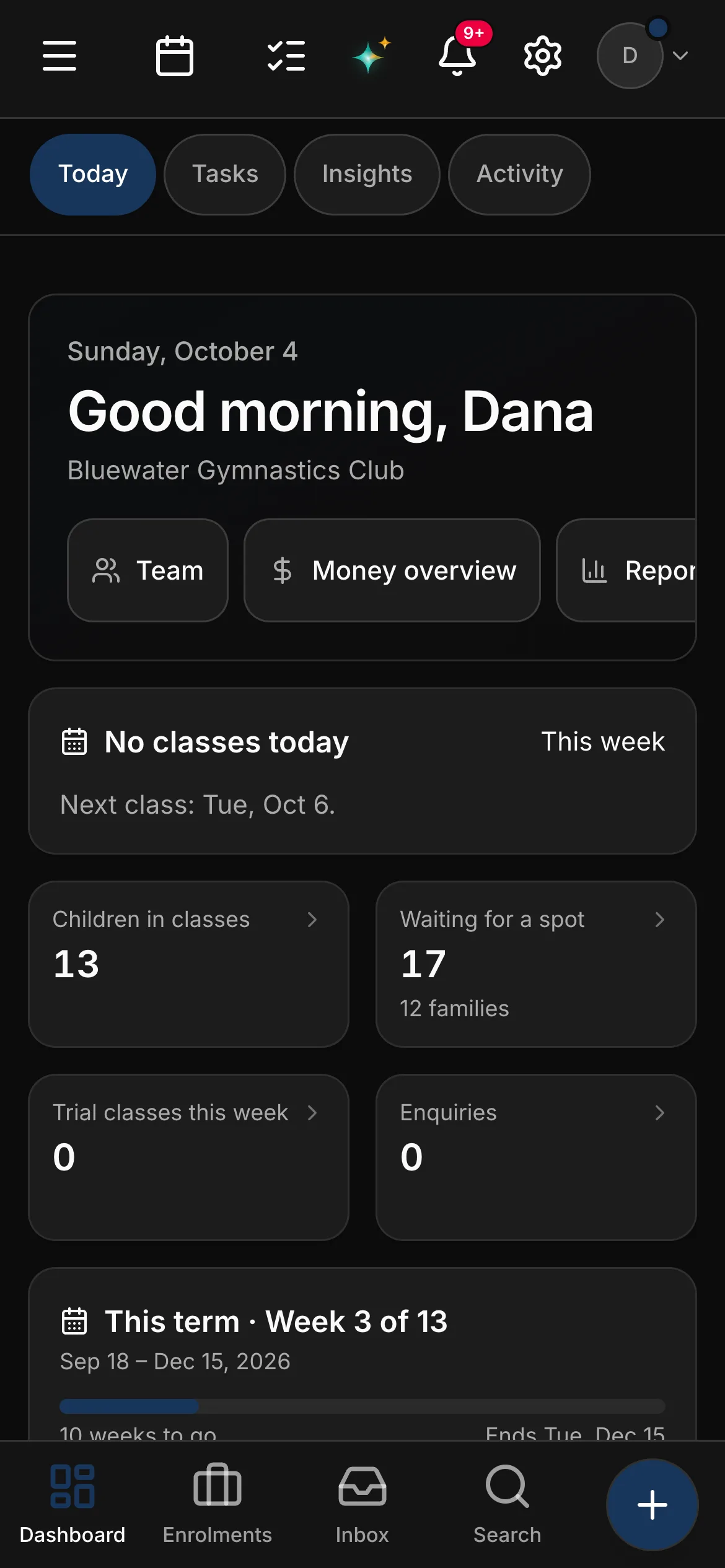 The same dashboard on a phone: the next class, the children in classes, the families waiting for a spot, and this term at week 3 of 13.
